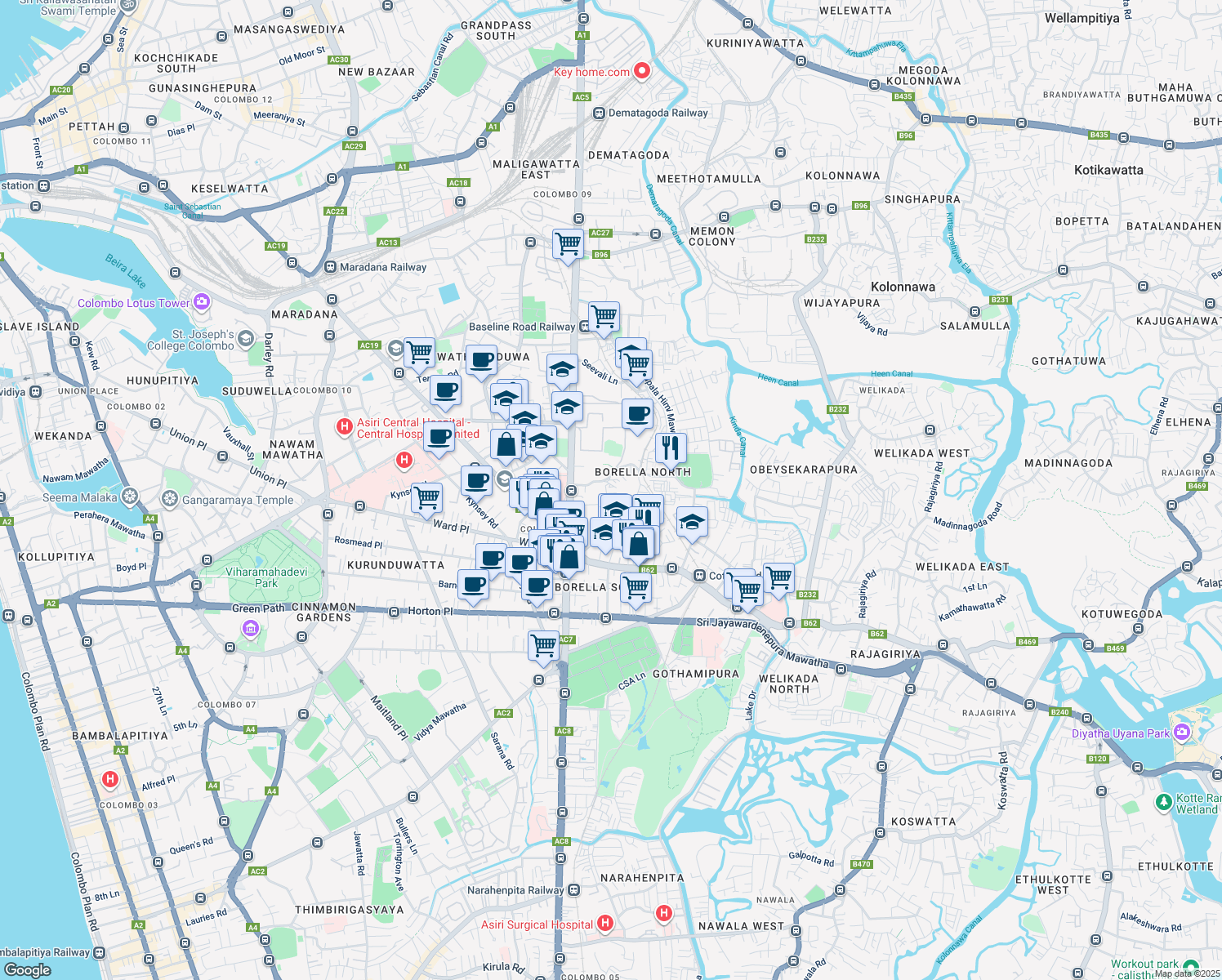 map of restaurants, bars, coffee shops, grocery stores, and more near 28 Leslie Ranagala Mawatha in Colombo