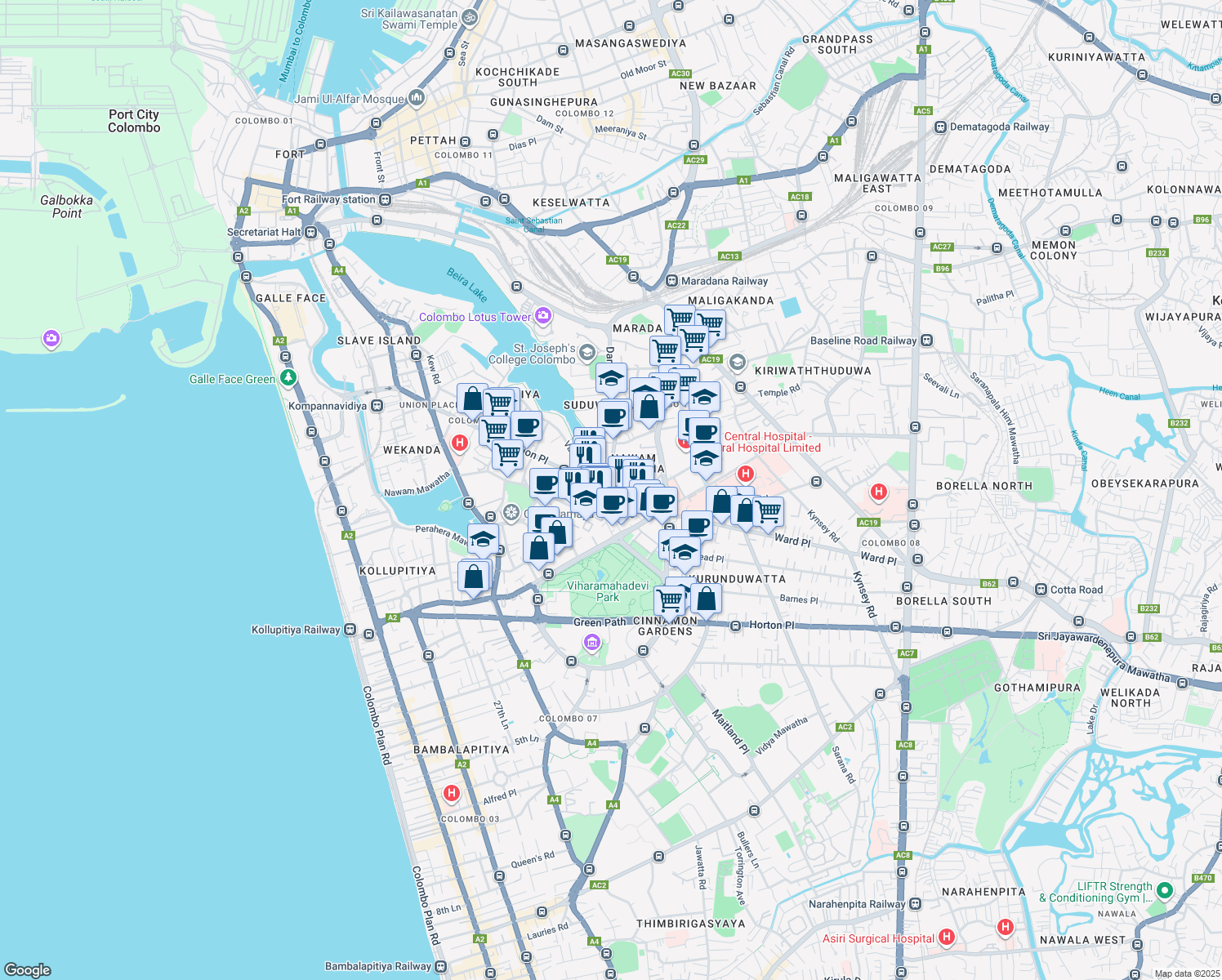 map of restaurants, bars, coffee shops, grocery stores, and more near Union Place in Colombo