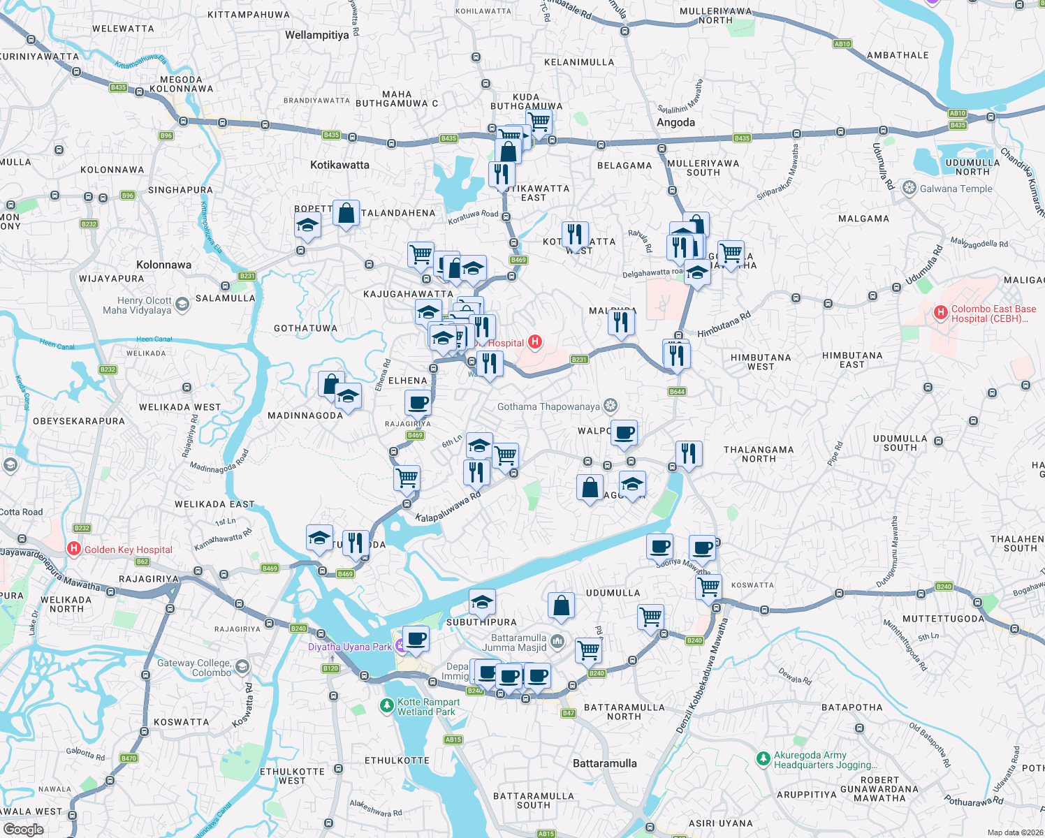 map of restaurants, bars, coffee shops, grocery stores, and more near Halgahadeniya Road in Colombo