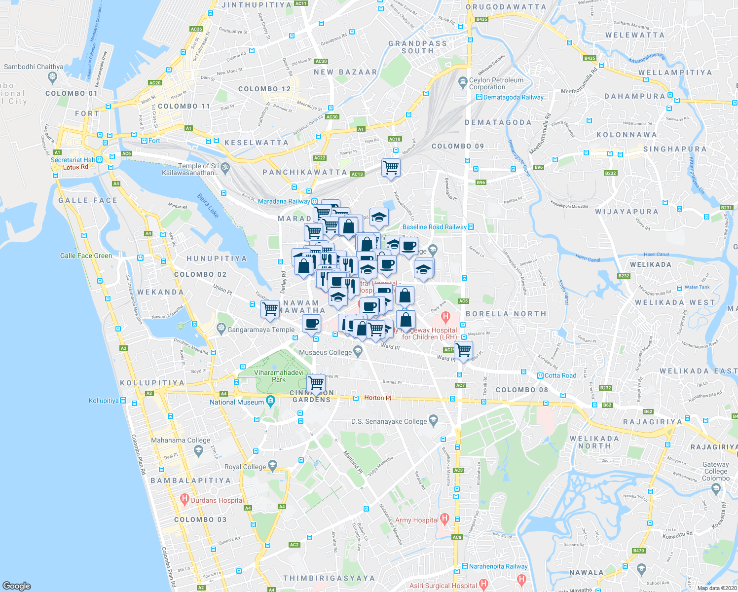 map of restaurants, bars, coffee shops, grocery stores, and more near Kynsey Road in Colombo