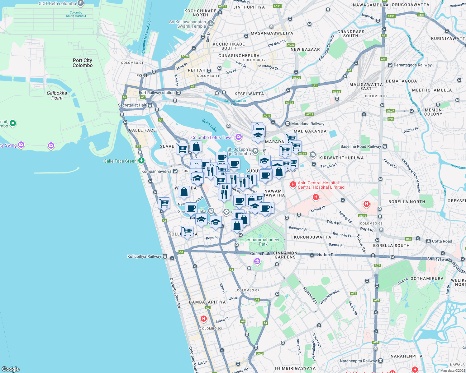 map of restaurants, bars, coffee shops, grocery stores, and more near Union Place in Colombo