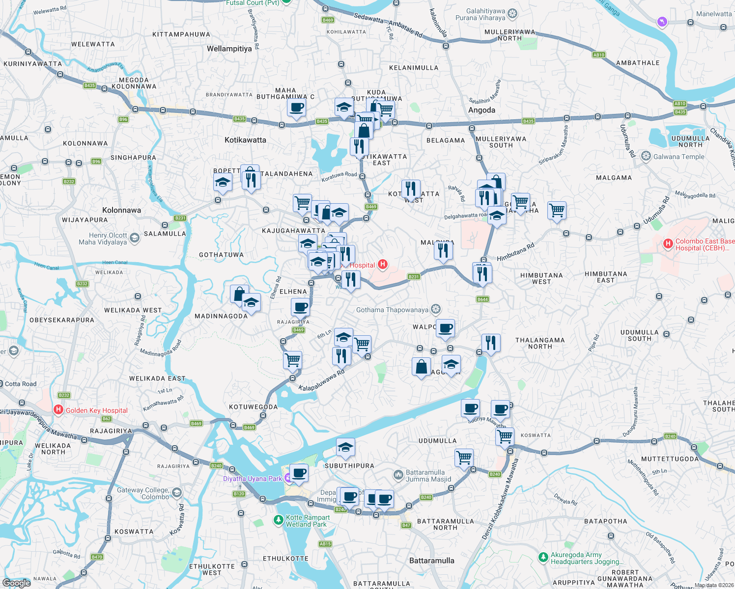 map of restaurants, bars, coffee shops, grocery stores, and more near Halgahadeniya Road in Colombo