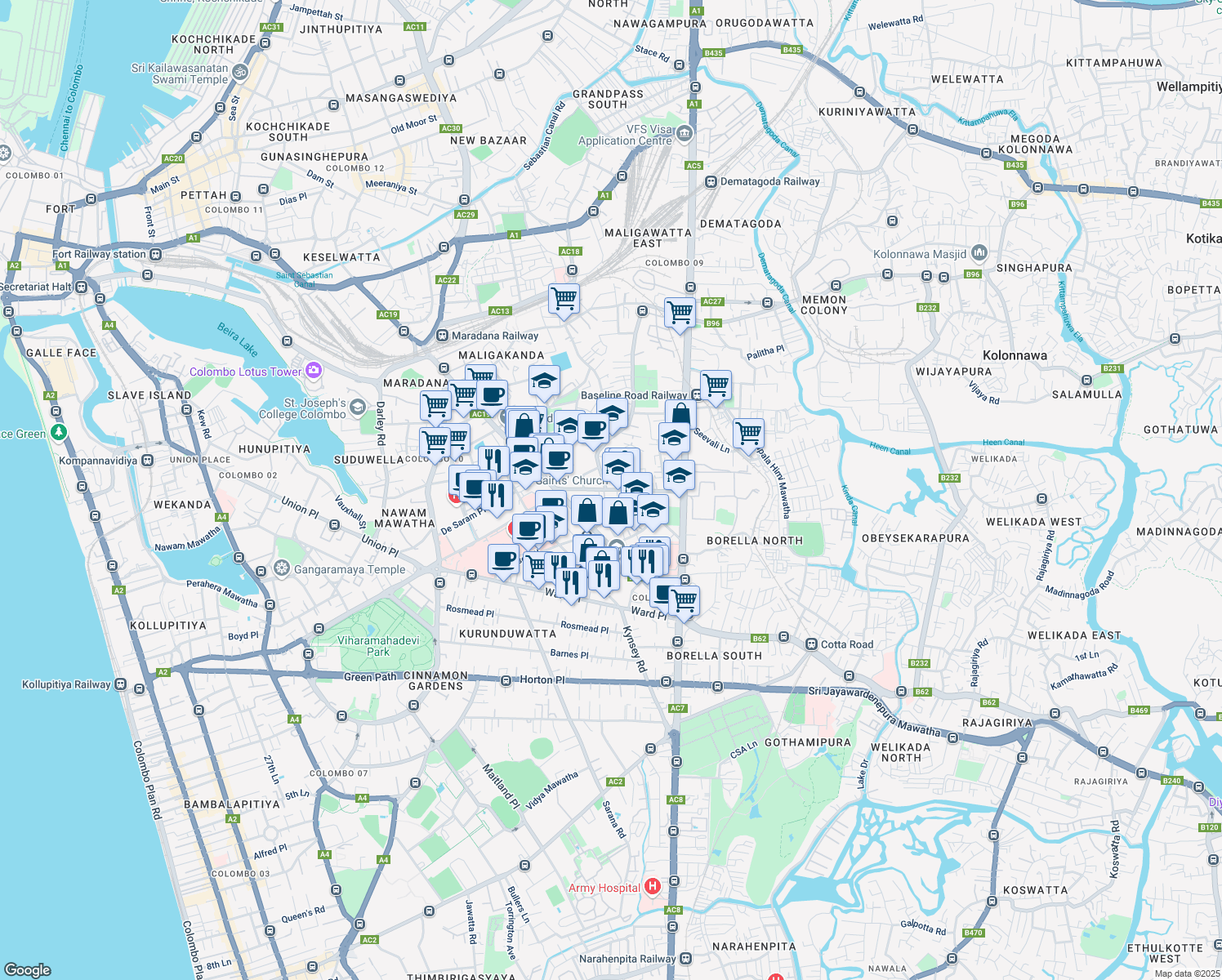 map of restaurants, bars, coffee shops, grocery stores, and more near Ananda Rajakaruna Mawatha in Colombo