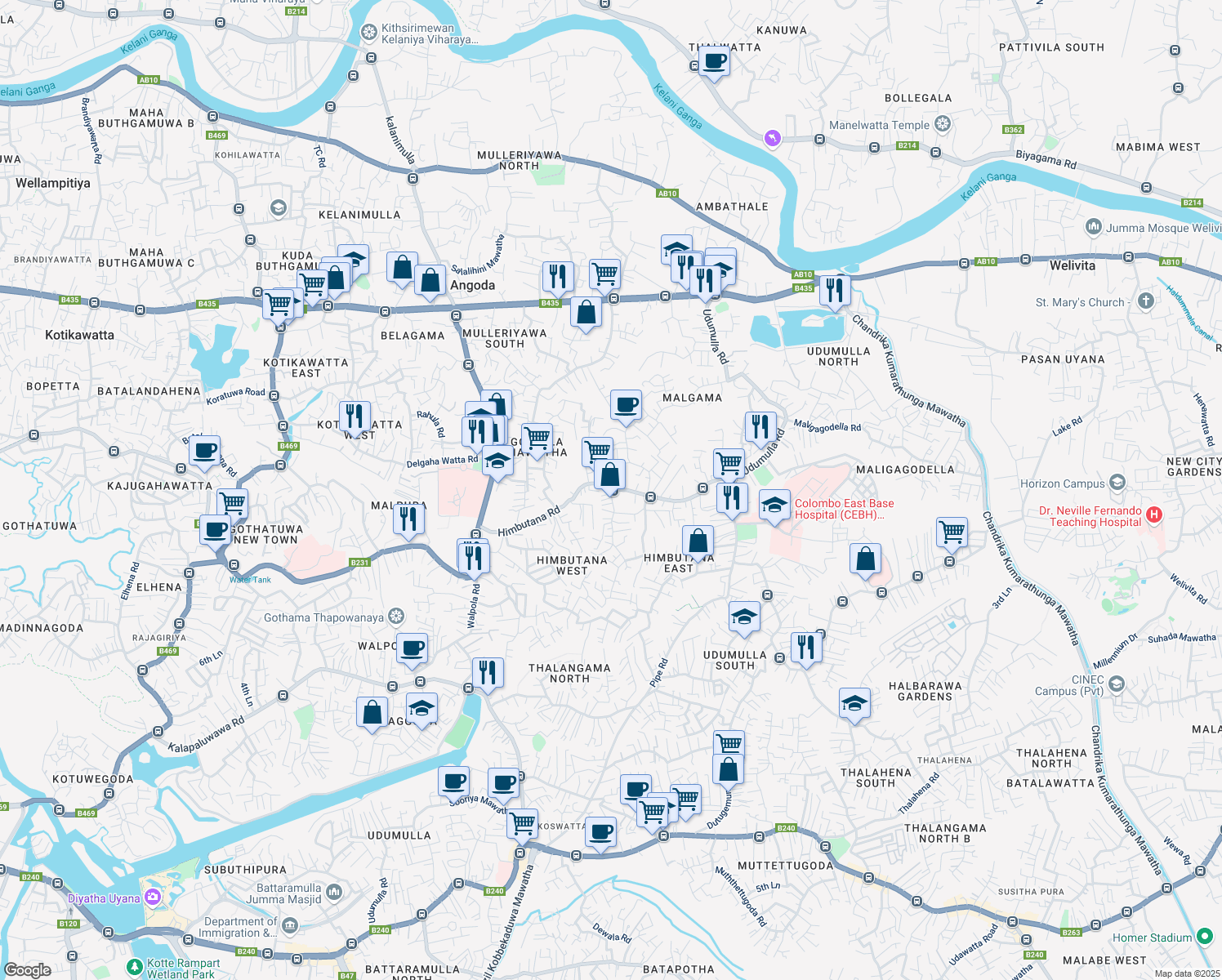 map of restaurants, bars, coffee shops, grocery stores, and more near Himbutana Road in Colombo