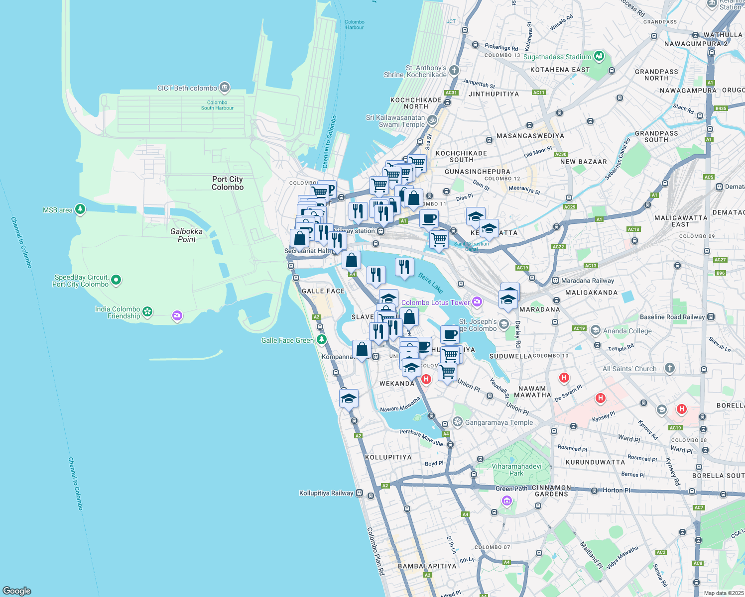 map of restaurants, bars, coffee shops, grocery stores, and more near 115 Sir Chittampalam A Gardiner Mawatha in Colombo