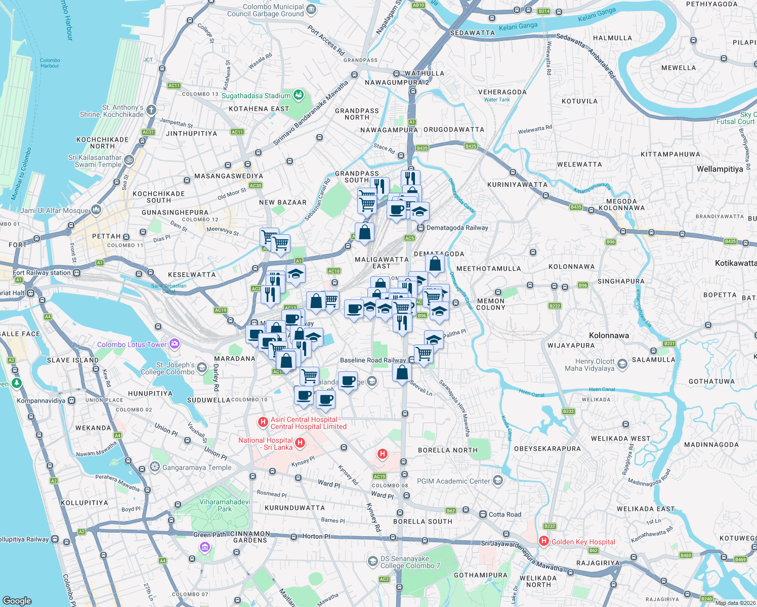 map of restaurants, bars, coffee shops, grocery stores, and more near Dematagoda Rd in Colombo