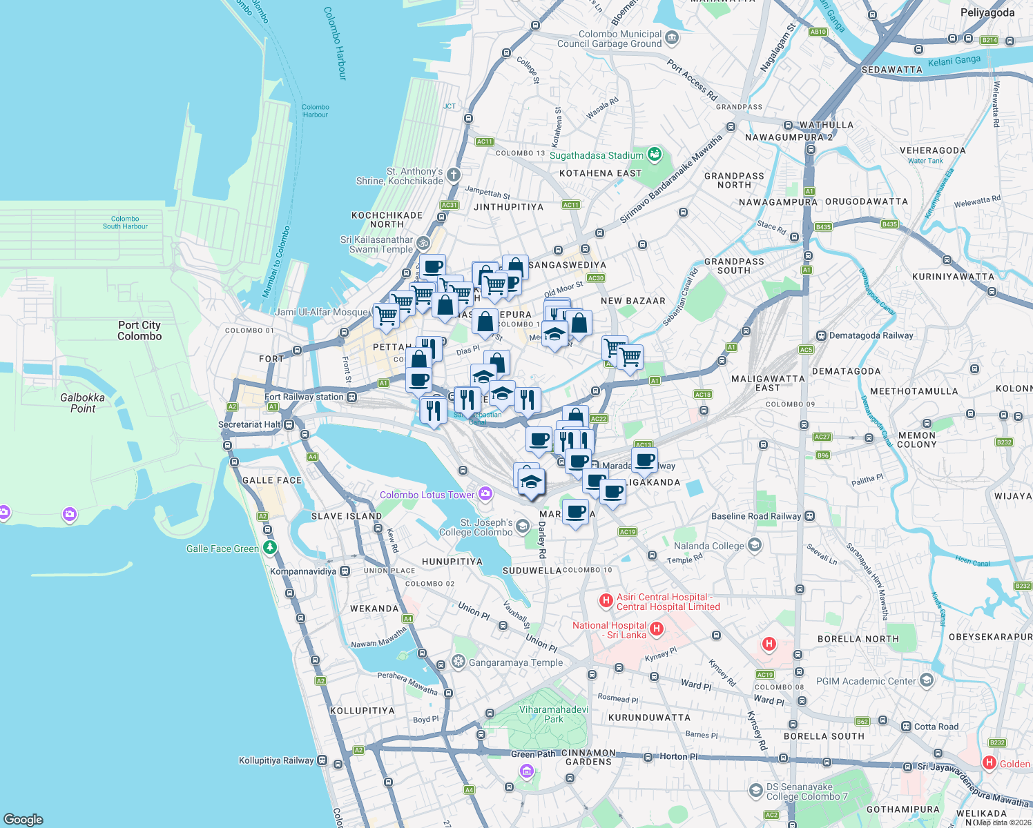 map of restaurants, bars, coffee shops, grocery stores, and more near 993 Maradana Road in Colombo