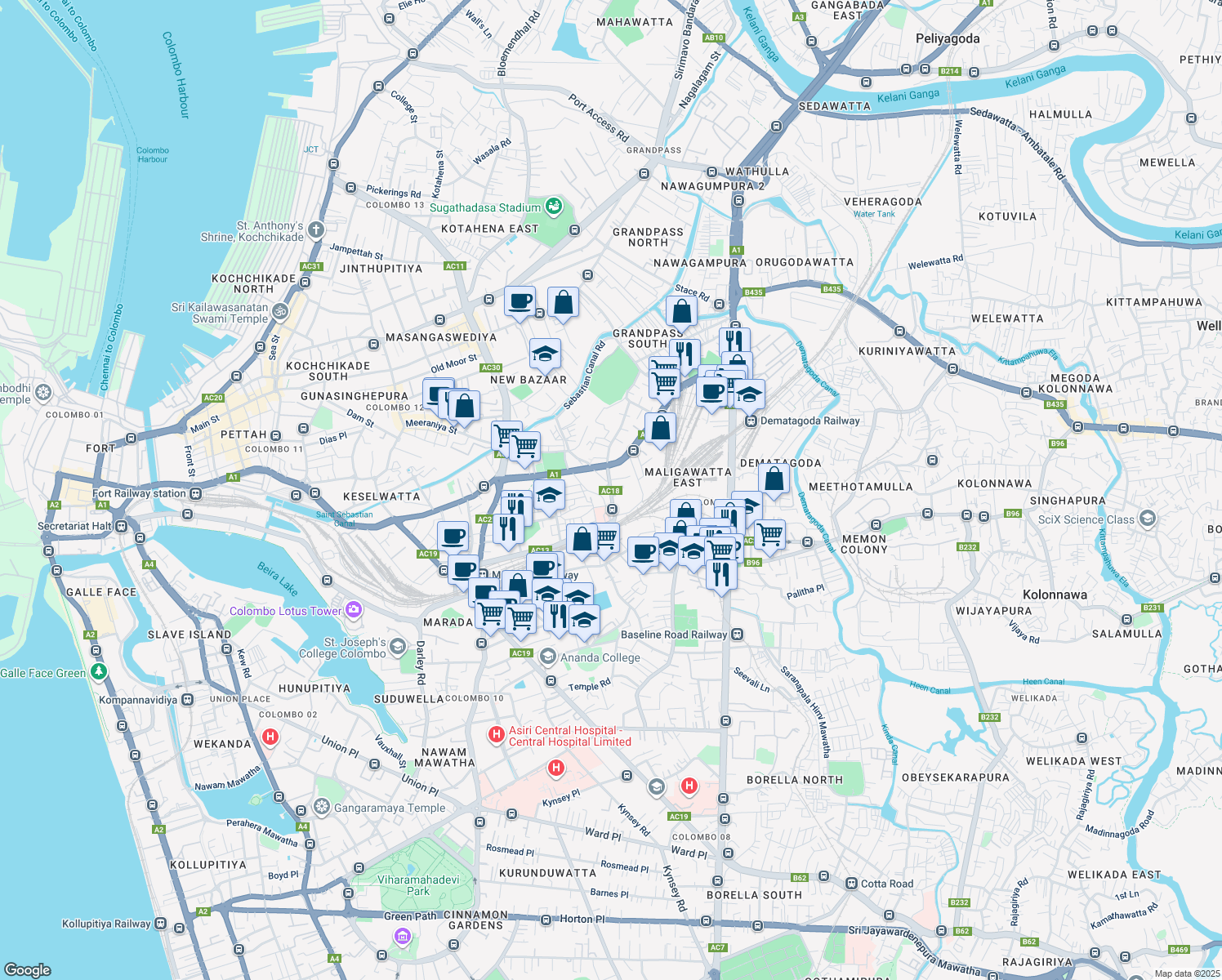 map of restaurants, bars, coffee shops, grocery stores, and more near Maligawatta Rd in Colombo