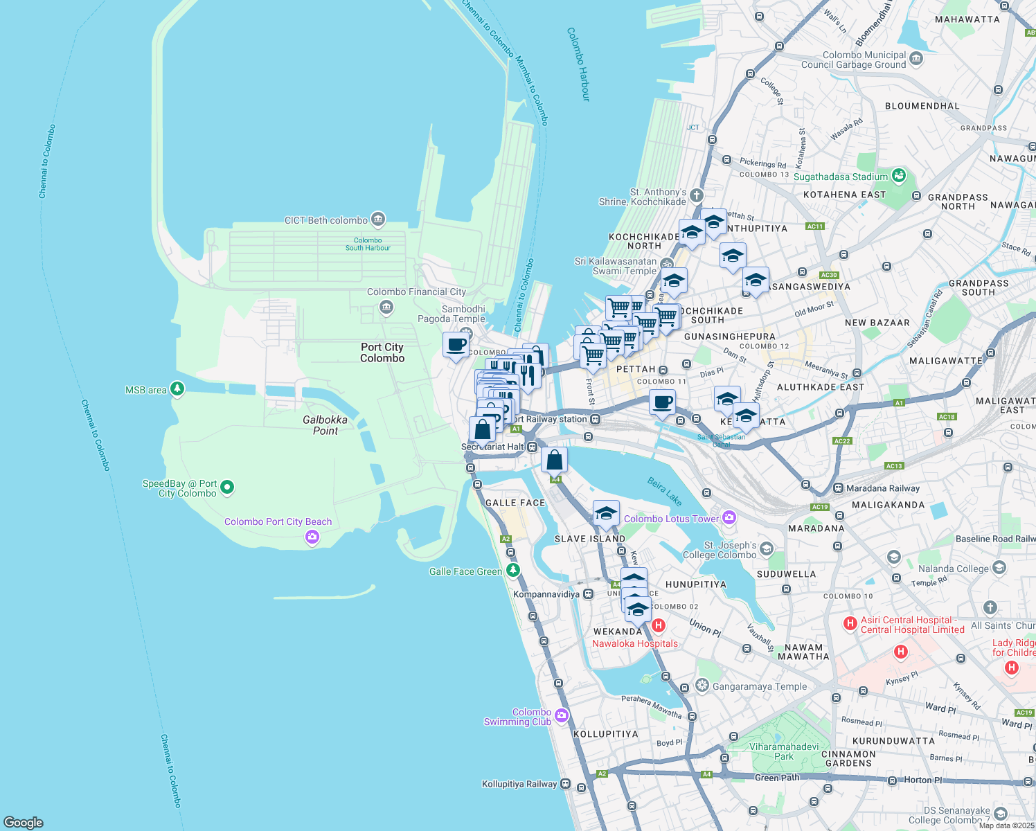 map of restaurants, bars, coffee shops, grocery stores, and more near 1 York Street in Colombo