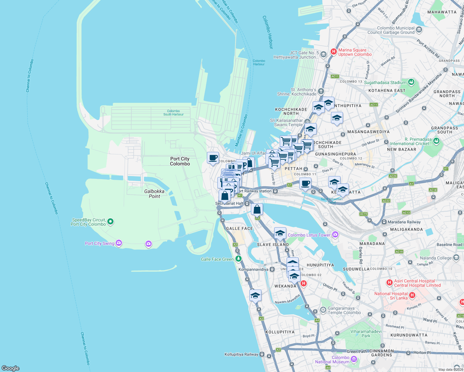 map of restaurants, bars, coffee shops, grocery stores, and more near 86 Chatham Street in Colombo