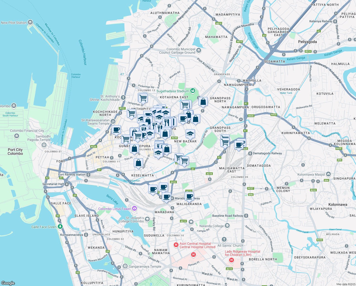 map of restaurants, bars, coffee shops, grocery stores, and more near Sri Sumanatissa Mawatha in Colombo