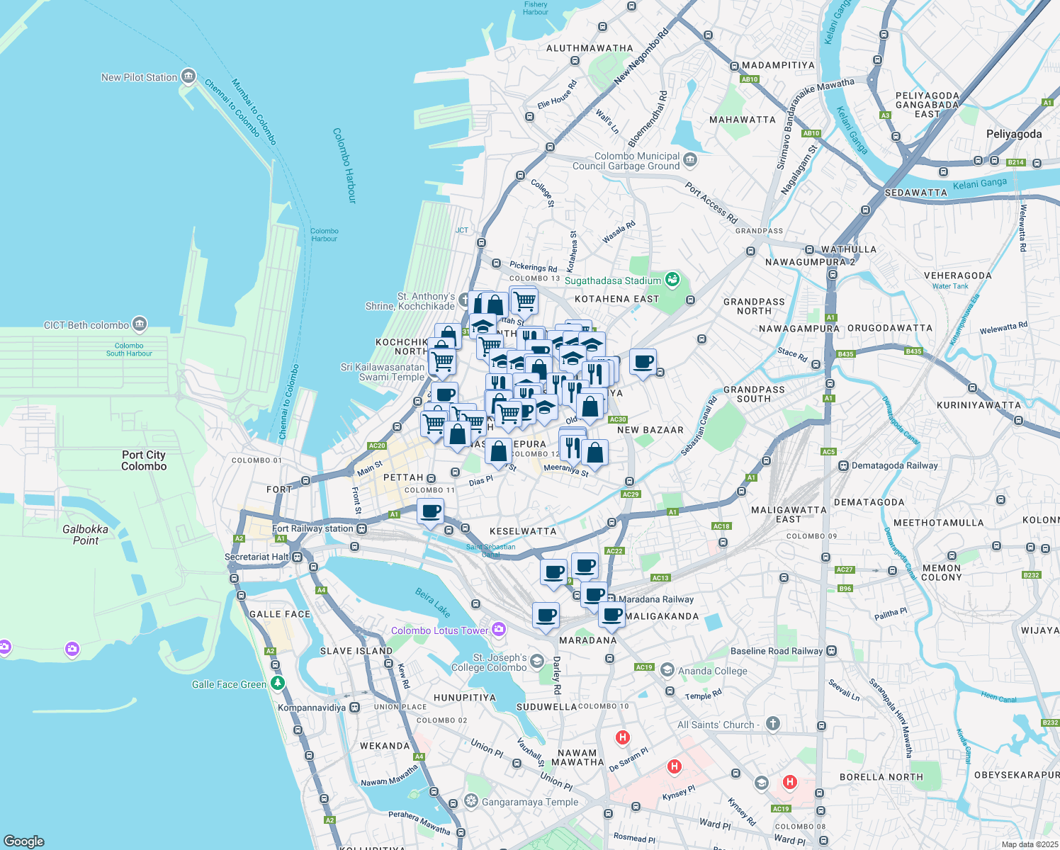 map of restaurants, bars, coffee shops, grocery stores, and more near 12 Hulftsdorp Street in Colombo