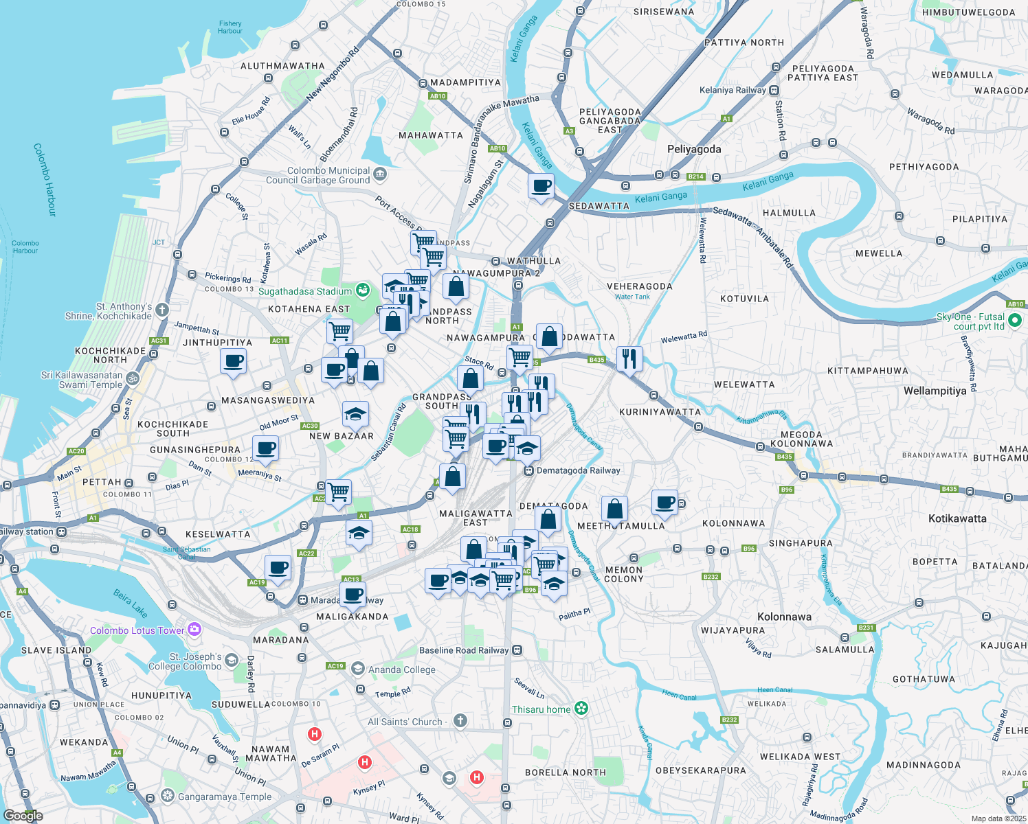 map of restaurants, bars, coffee shops, grocery stores, and more near Baseline Road in Colombo