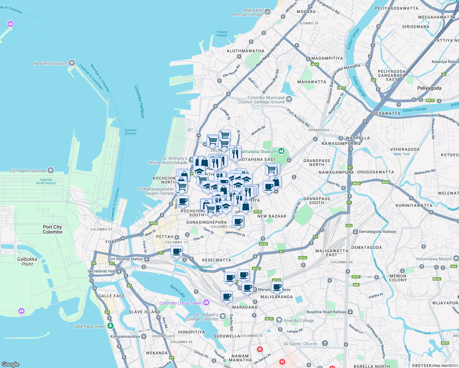 map of restaurants, bars, coffee shops, grocery stores, and more near Sangamitta Mawatha in Colombo