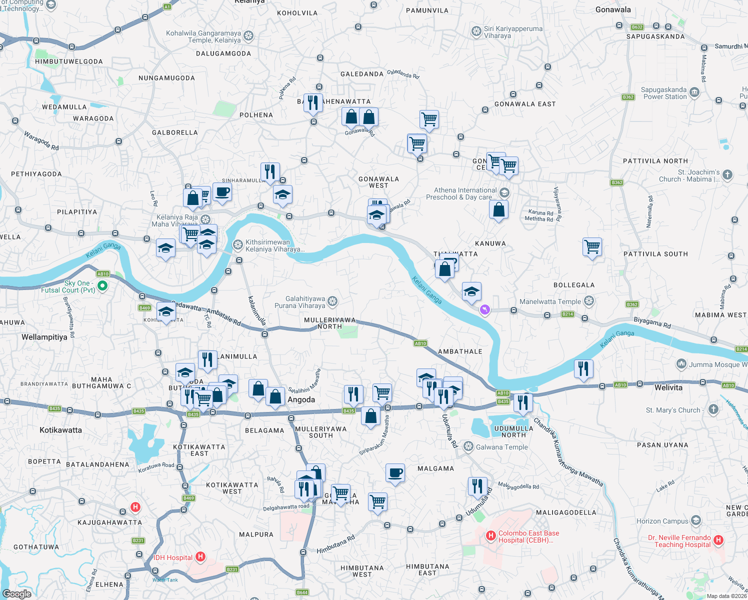 map of restaurants, bars, coffee shops, grocery stores, and more near Ambakote Road in Colombo