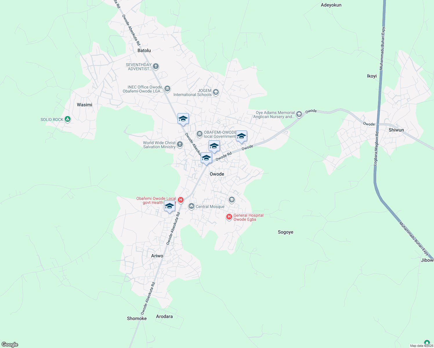 map of restaurants, bars, coffee shops, grocery stores, and more near in Owode