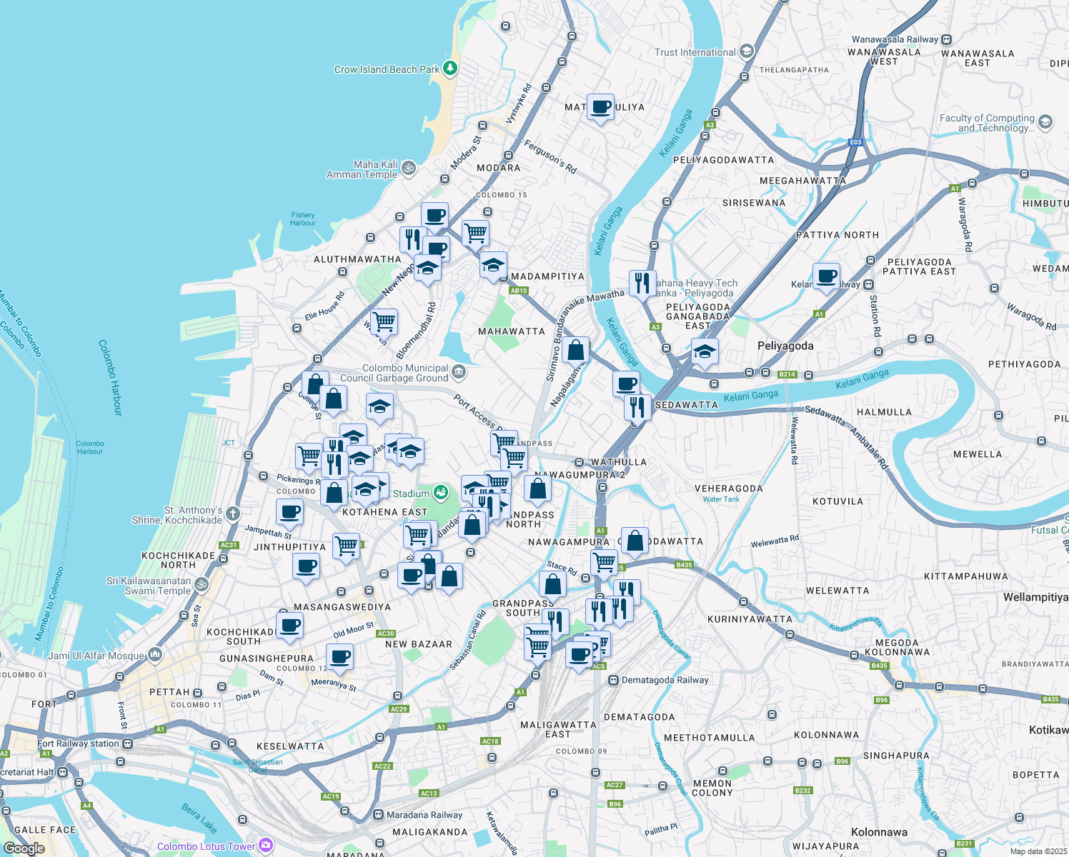 map of restaurants, bars, coffee shops, grocery stores, and more near Sirimavo Bandaranaike Mawatha in Colombo
