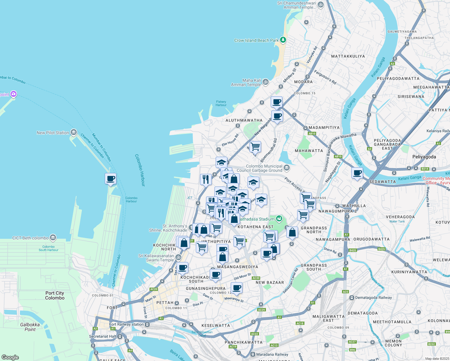 map of restaurants, bars, coffee shops, grocery stores, and more near 47 College Street in Colombo