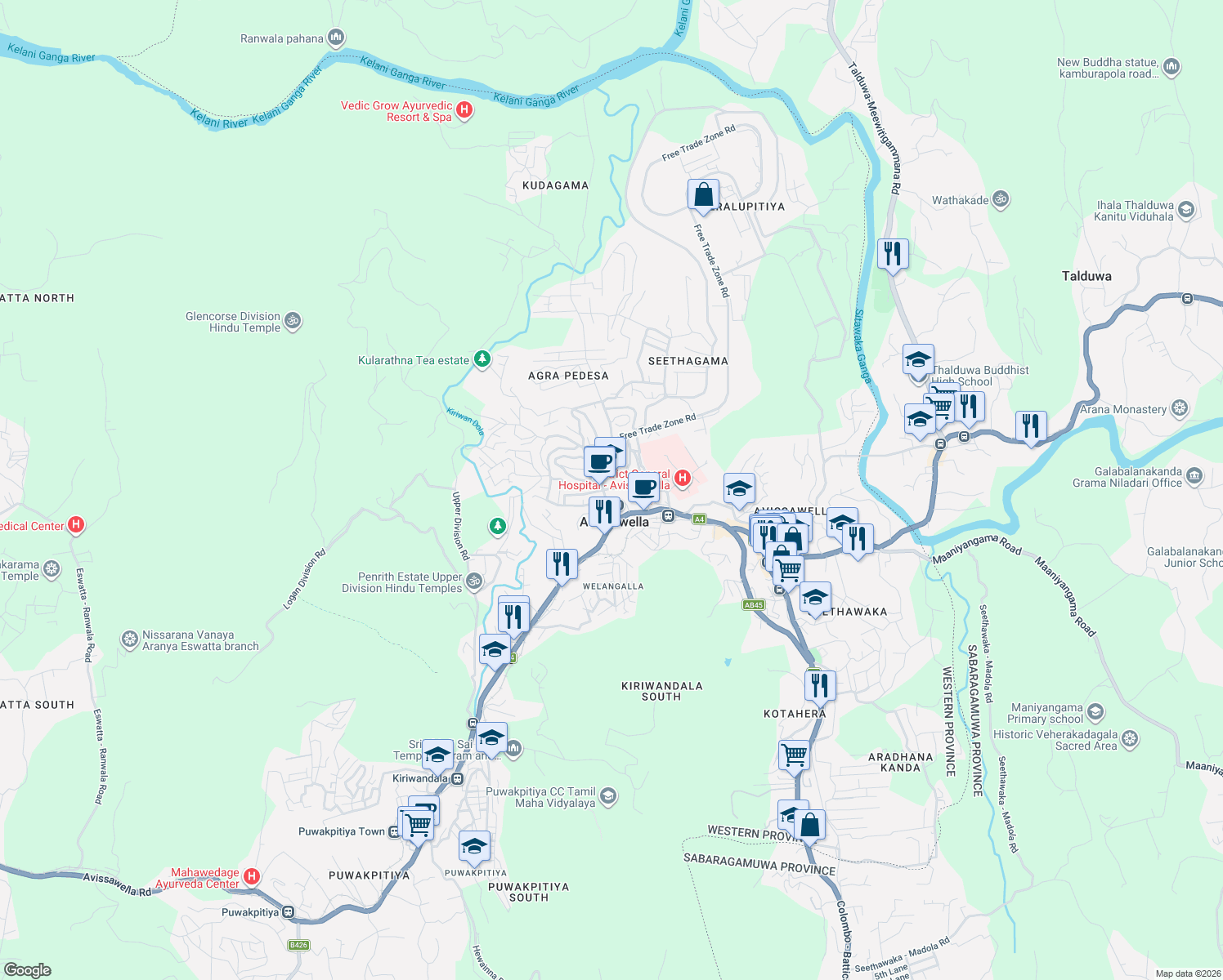 map of restaurants, bars, coffee shops, grocery stores, and more near Kudagama Road in Avissawella