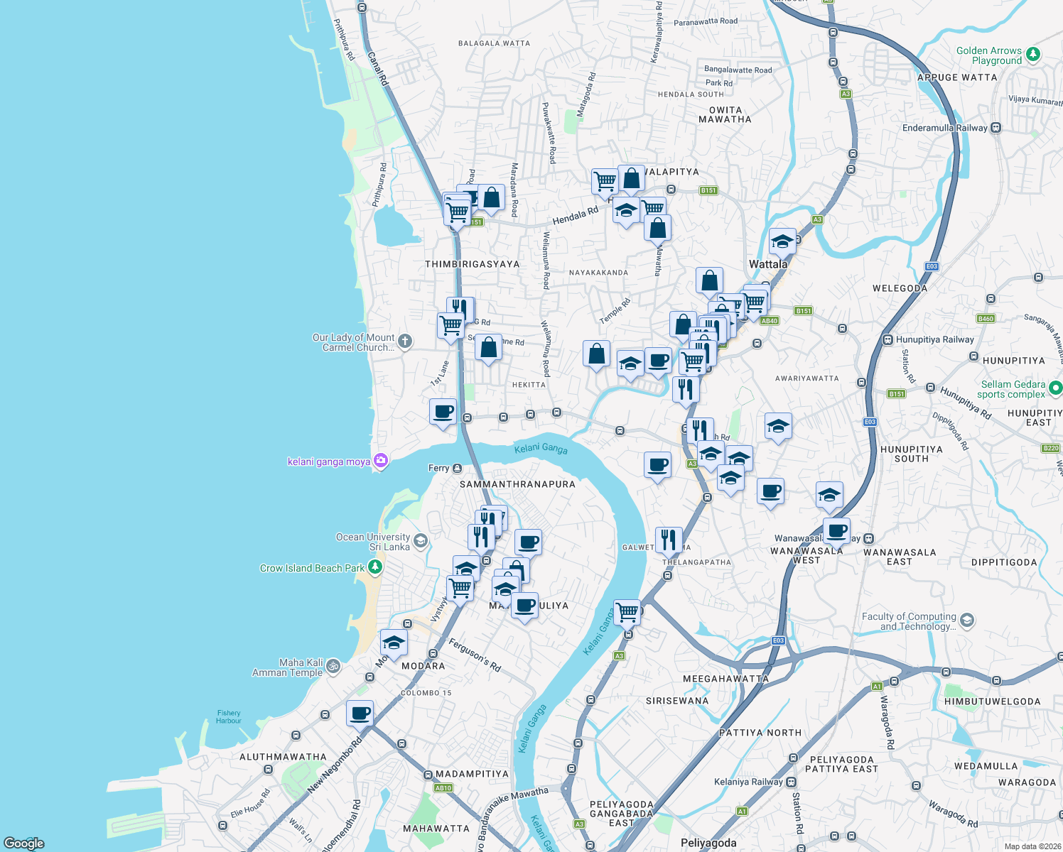 map of restaurants, bars, coffee shops, grocery stores, and more near St Sebastian Road in Wattala