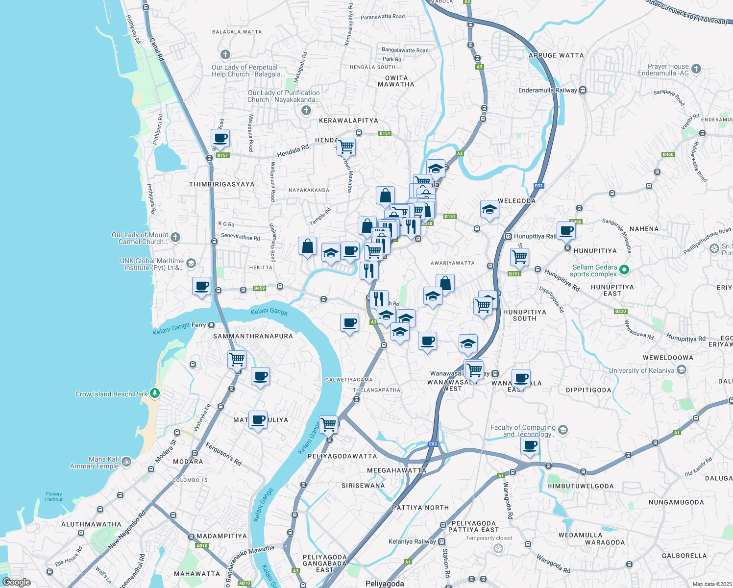 map of restaurants, bars, coffee shops, grocery stores, and more near 231 Negombo-Colombo Main Road in Wattala