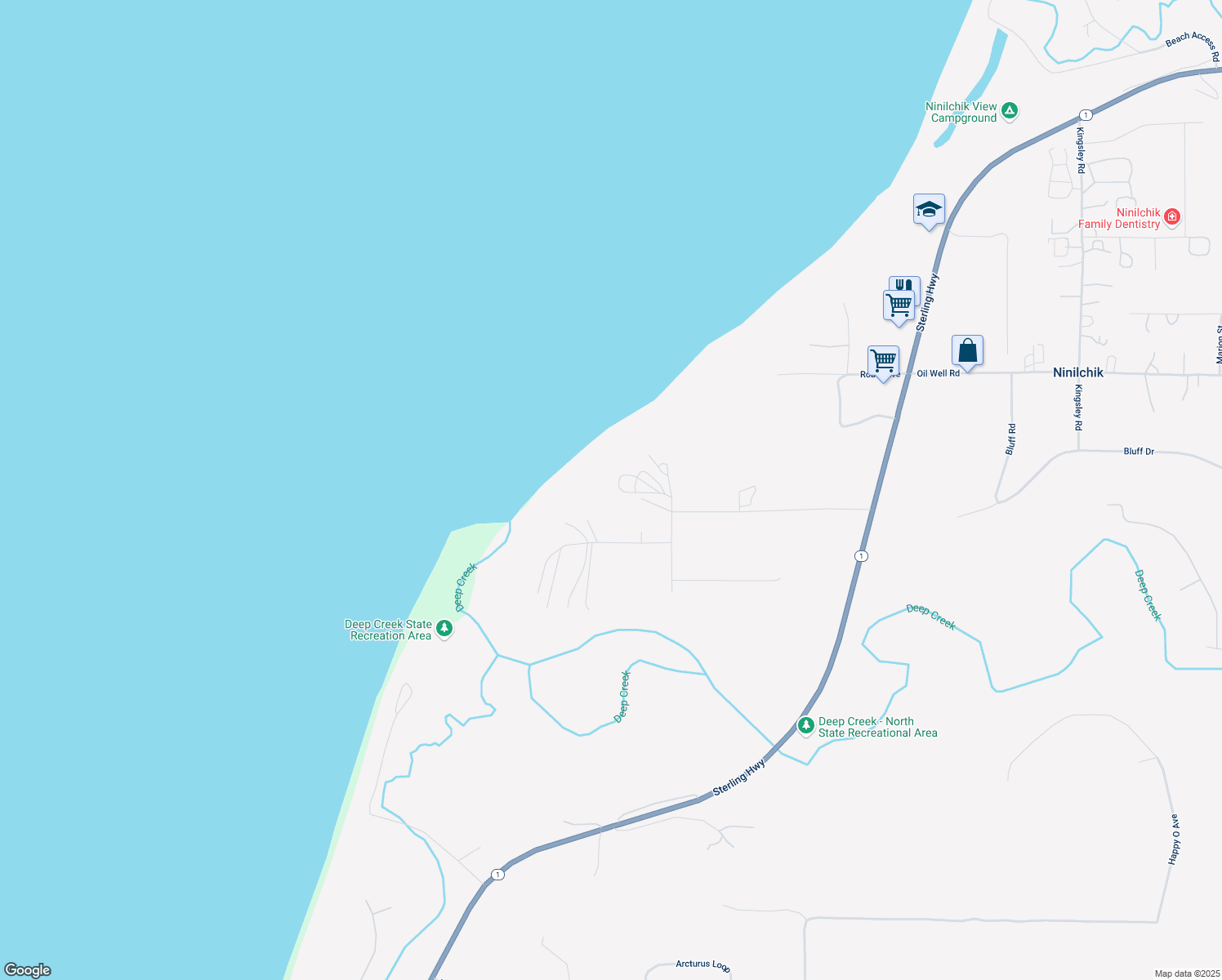 map of restaurants, bars, coffee shops, grocery stores, and more near 67400 Deep Creek Way in Ninilchik