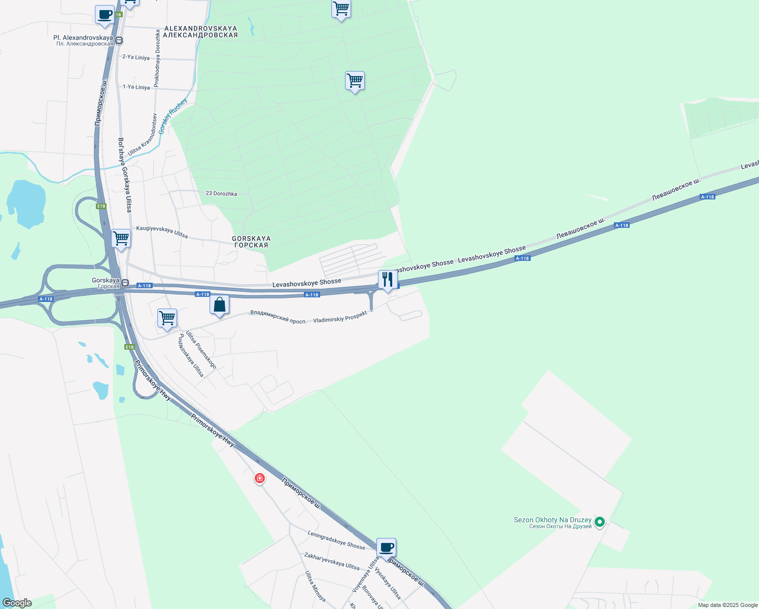 map of restaurants, bars, coffee shops, grocery stores, and more near 19 Vladimirskiy Prospekt in Sankt-Peterburg