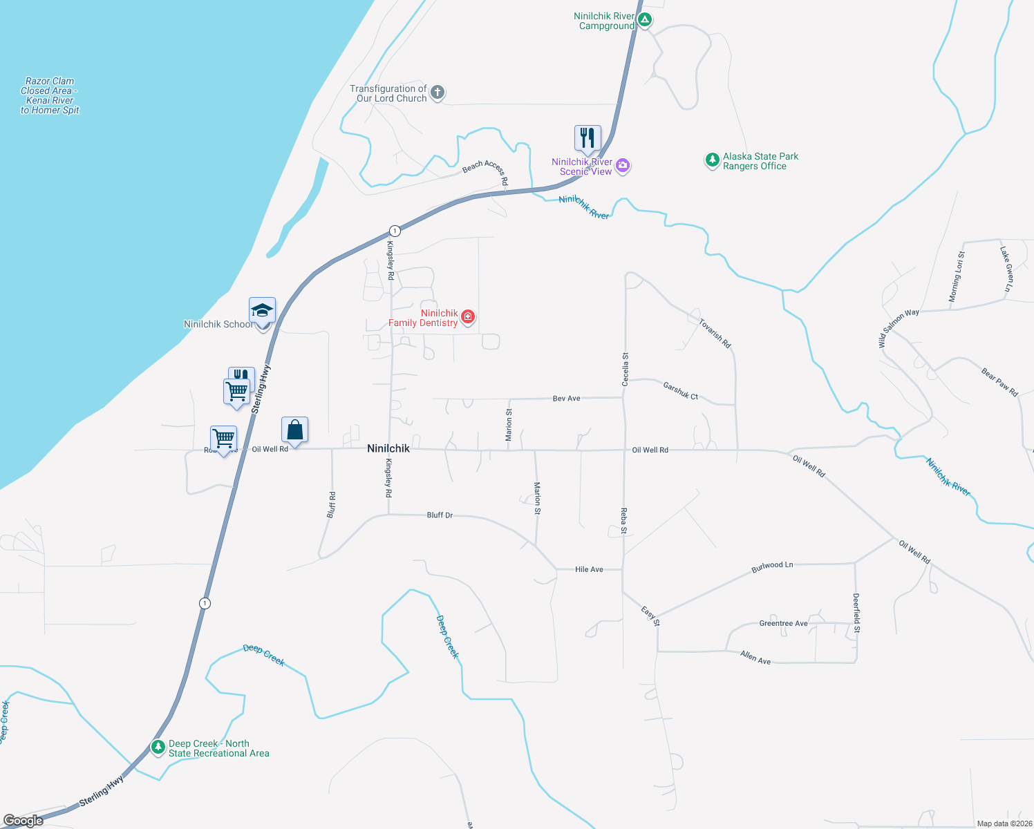 map of restaurants, bars, coffee shops, grocery stores, and more near 66310 Oil Well Road in Ninilchik