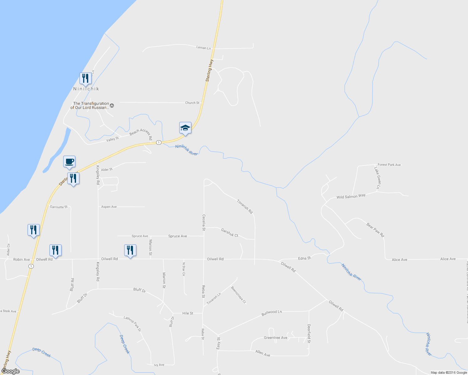 map of restaurants, bars, coffee shops, grocery stores, and more near 15665 Tovarish Road in Ninilchik