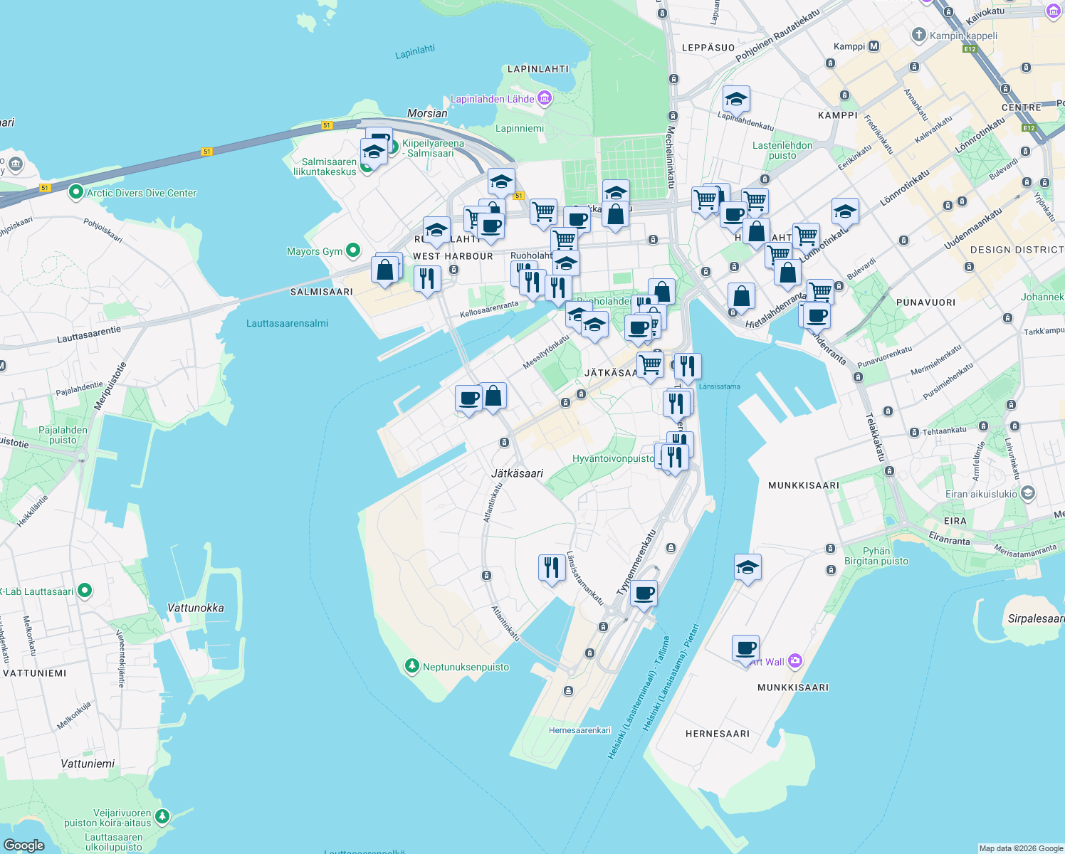 map of restaurants, bars, coffee shops, grocery stores, and more near 2 Malagankatu in Helsinki