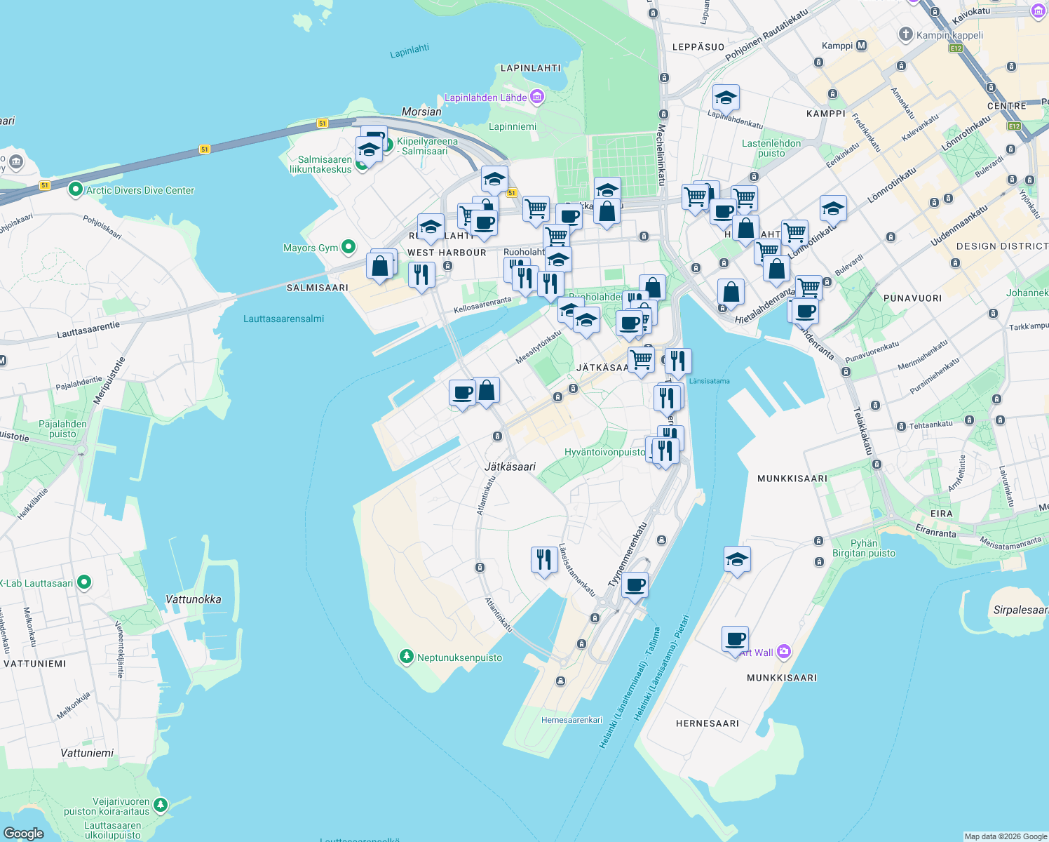 map of restaurants, bars, coffee shops, grocery stores, and more near 2 Malagankatu in Helsinki