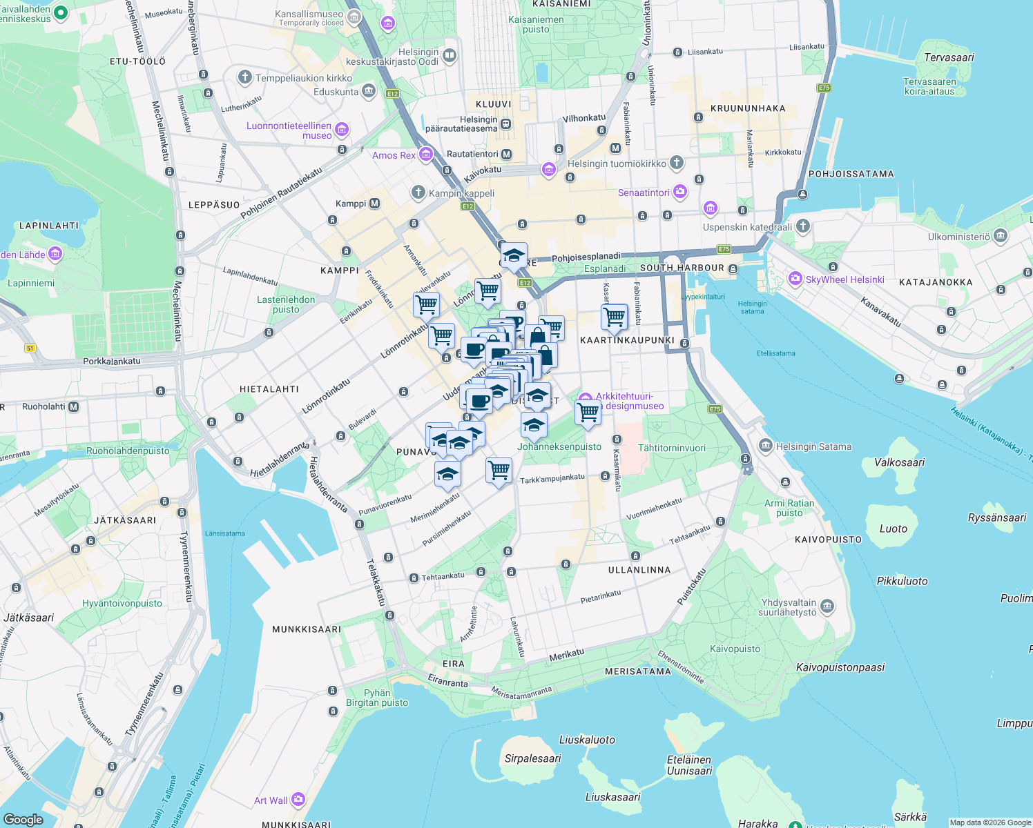 map of restaurants, bars, coffee shops, grocery stores, and more near in Helsinki