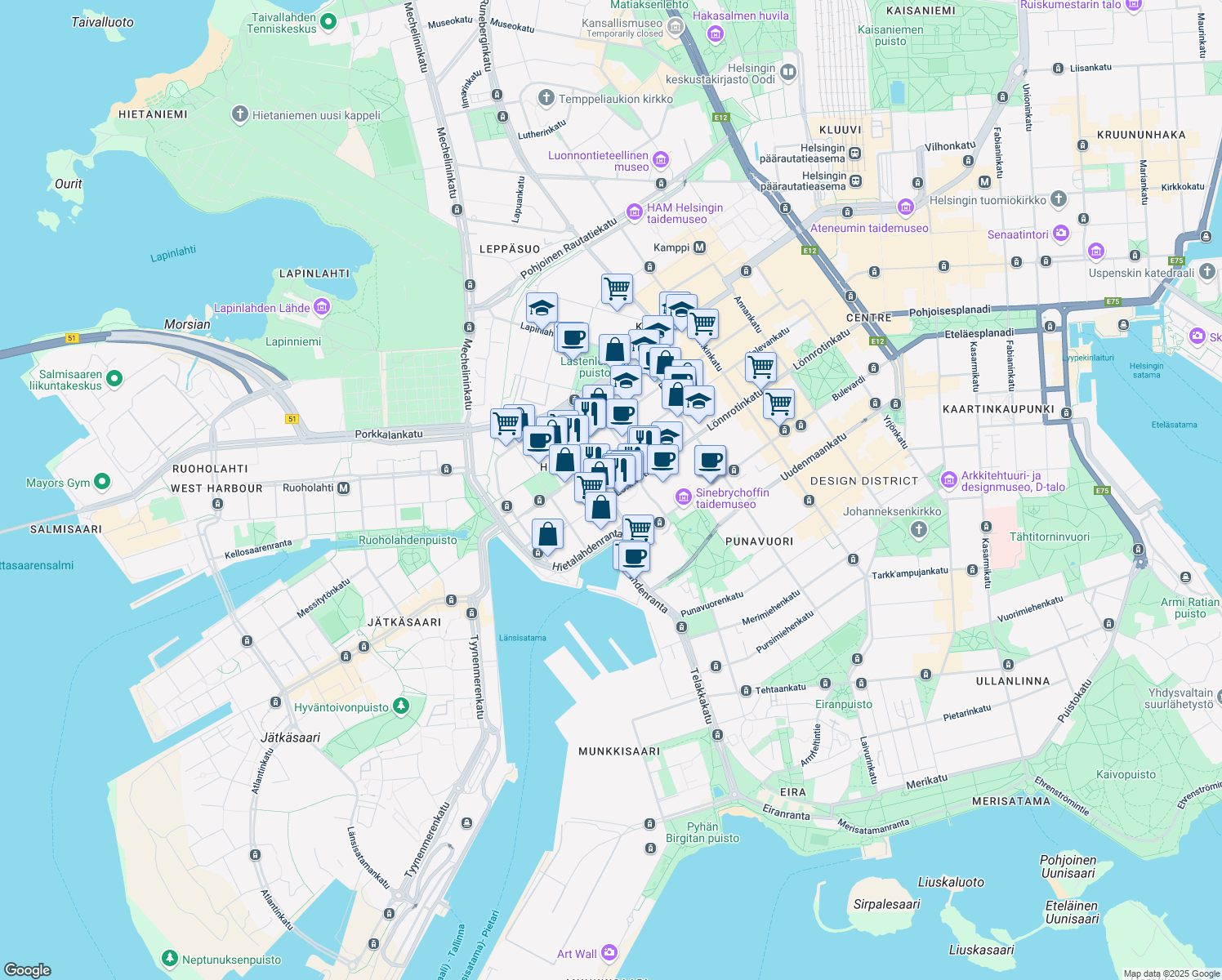 map of restaurants, bars, coffee shops, grocery stores, and more near 37 Lönnrotinkatu in Helsinki