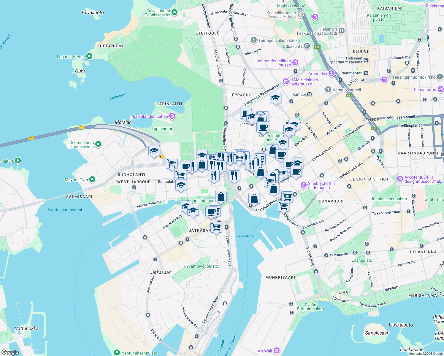 map of restaurants, bars, coffee shops, grocery stores, and more near in Helsinki