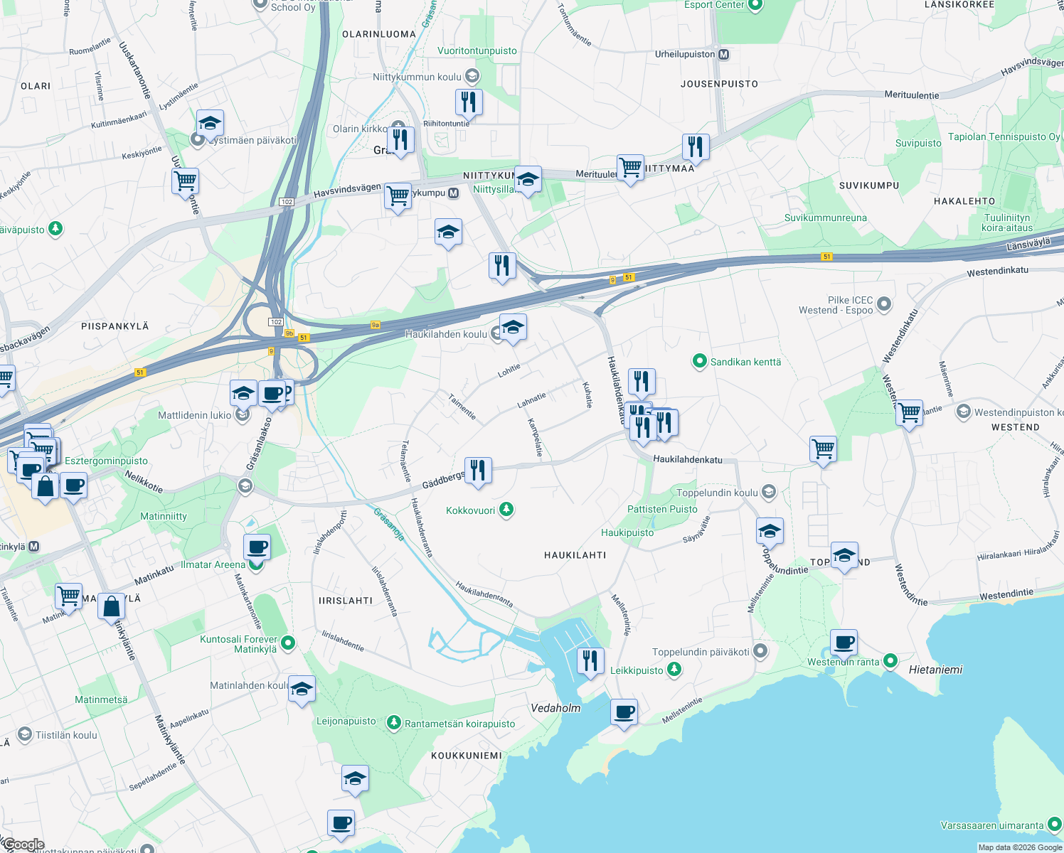 map of restaurants, bars, coffee shops, grocery stores, and more near 4 Kampelatie in Espoo