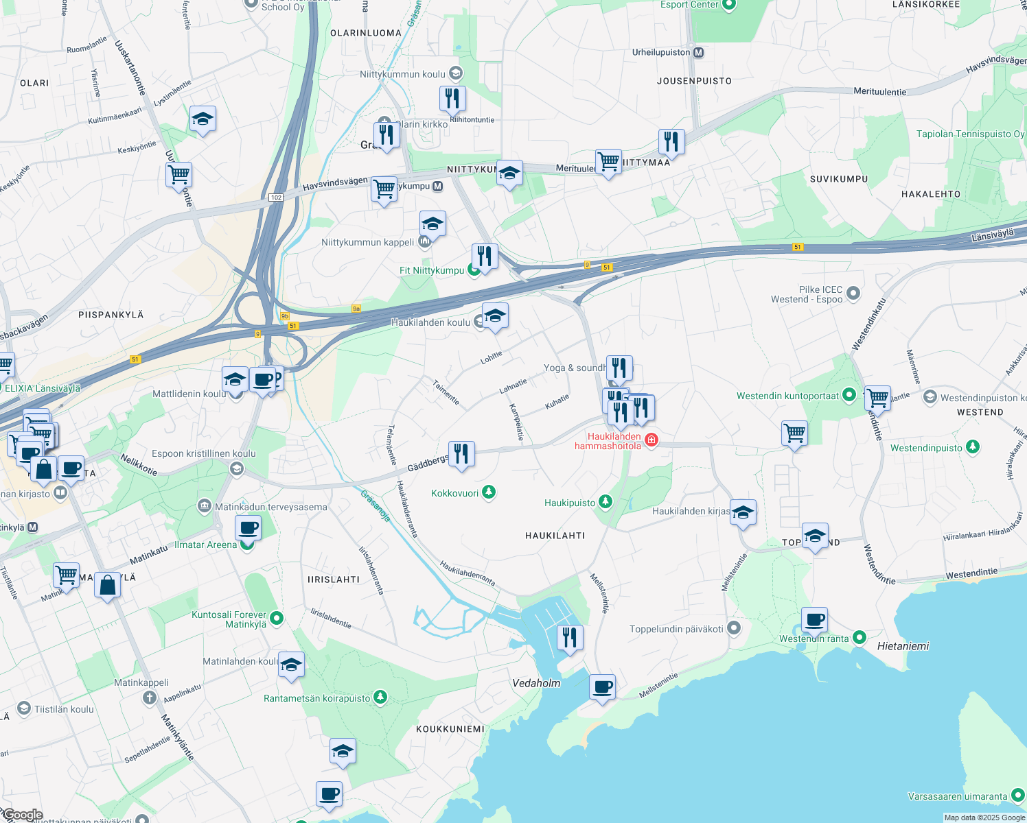 map of restaurants, bars, coffee shops, grocery stores, and more near 4 Kampelatie in Espoo