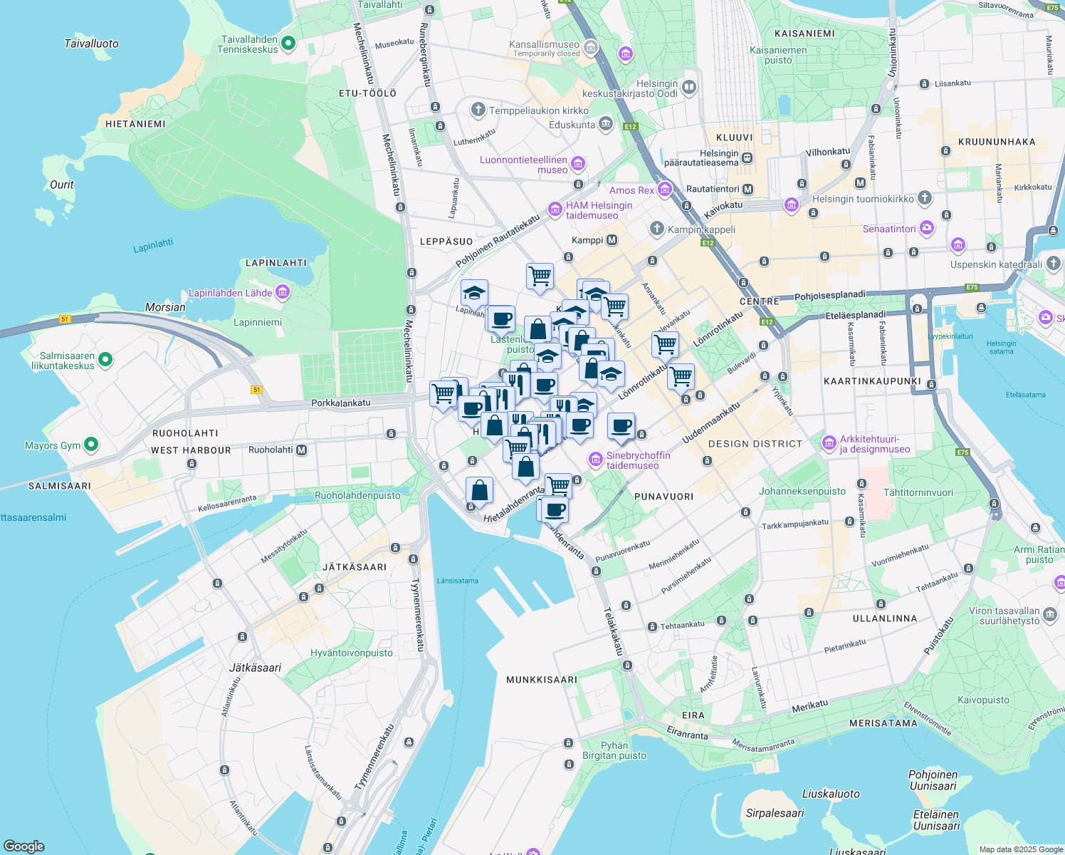 map of restaurants, bars, coffee shops, grocery stores, and more near 48 Kalevankatu in Helsinki