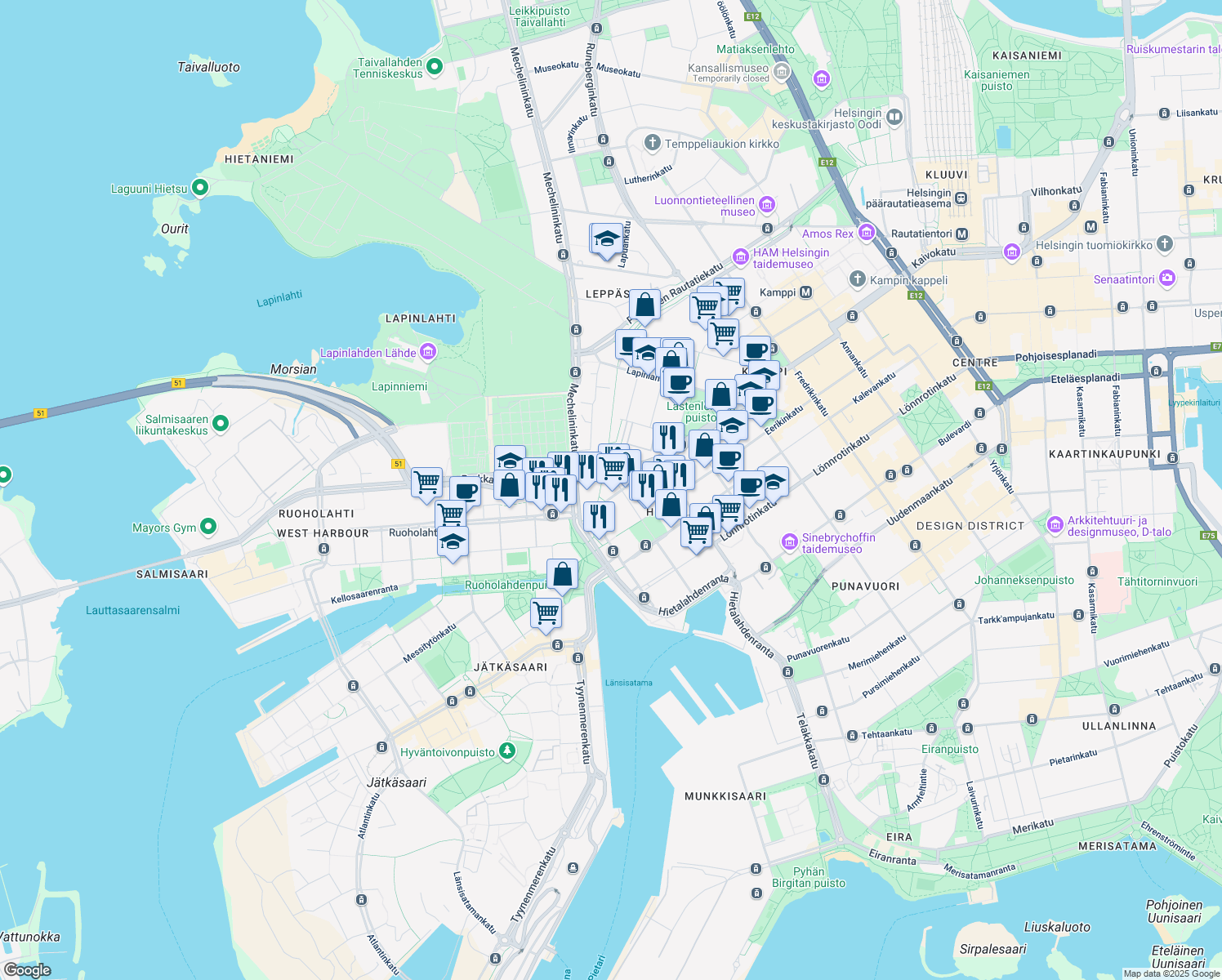 map of restaurants, bars, coffee shops, grocery stores, and more near in Helsinki