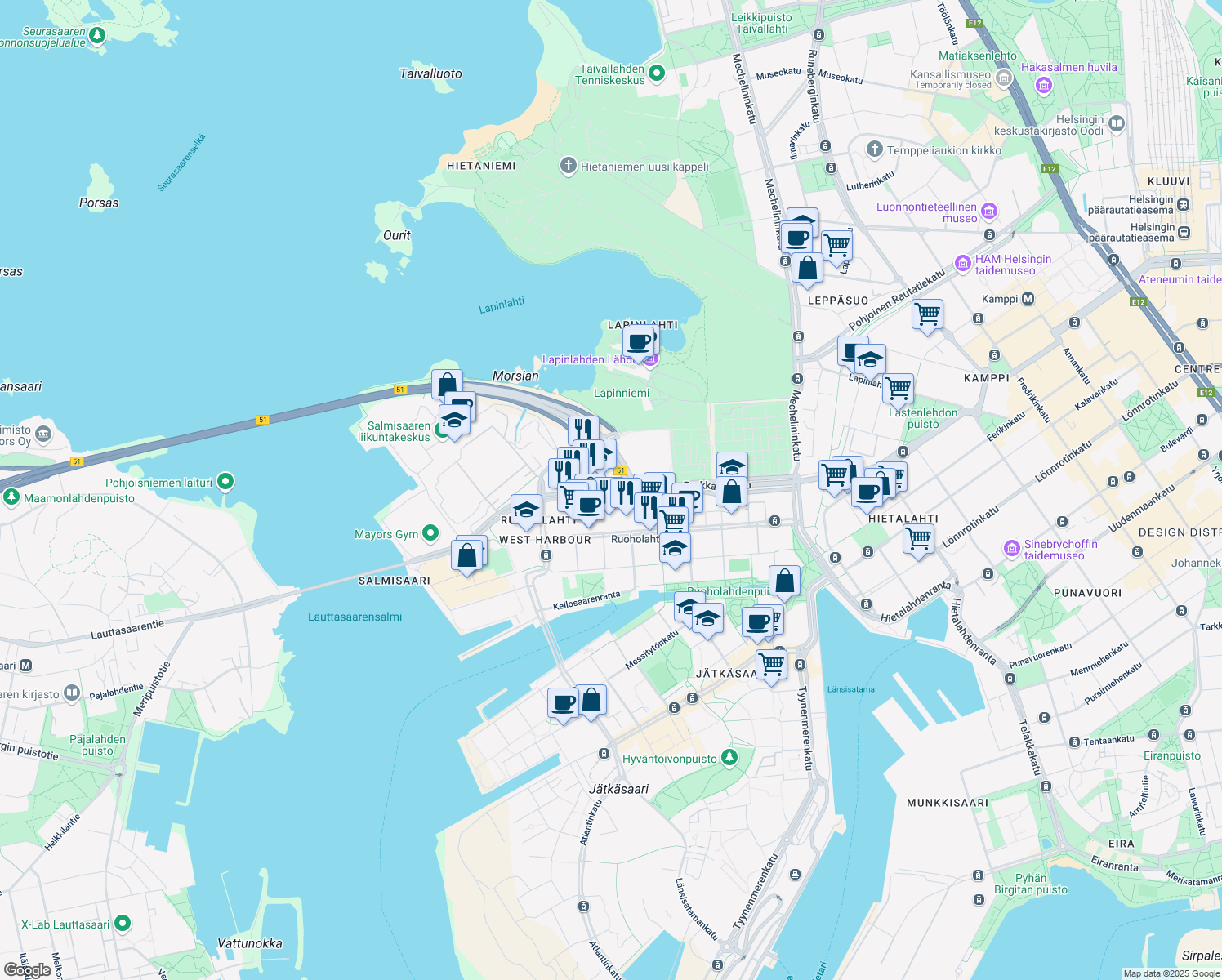 map of restaurants, bars, coffee shops, grocery stores, and more near in Helsinki