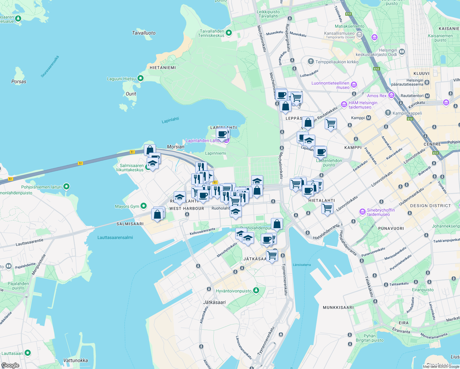 map of restaurants, bars, coffee shops, grocery stores, and more near in Helsingfors