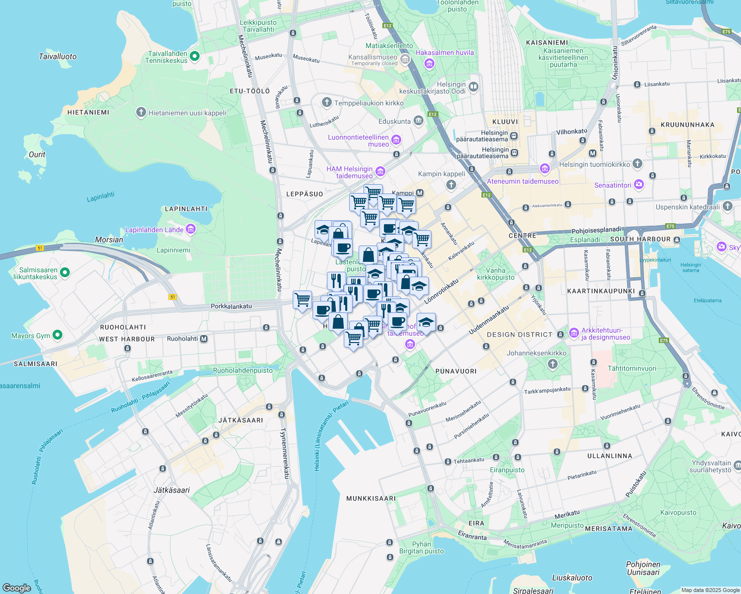 map of restaurants, bars, coffee shops, grocery stores, and more near 13 Aleksanterinkatu in Helsinki