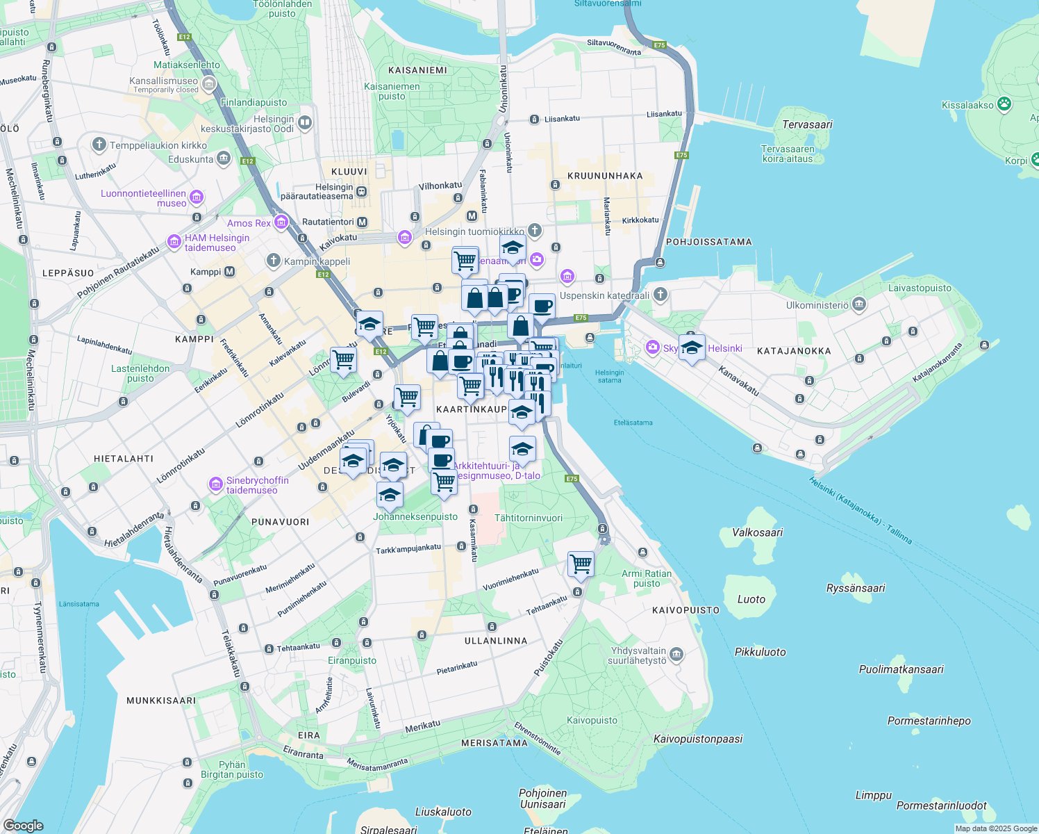 map of restaurants, bars, coffee shops, grocery stores, and more near in Helsingfors