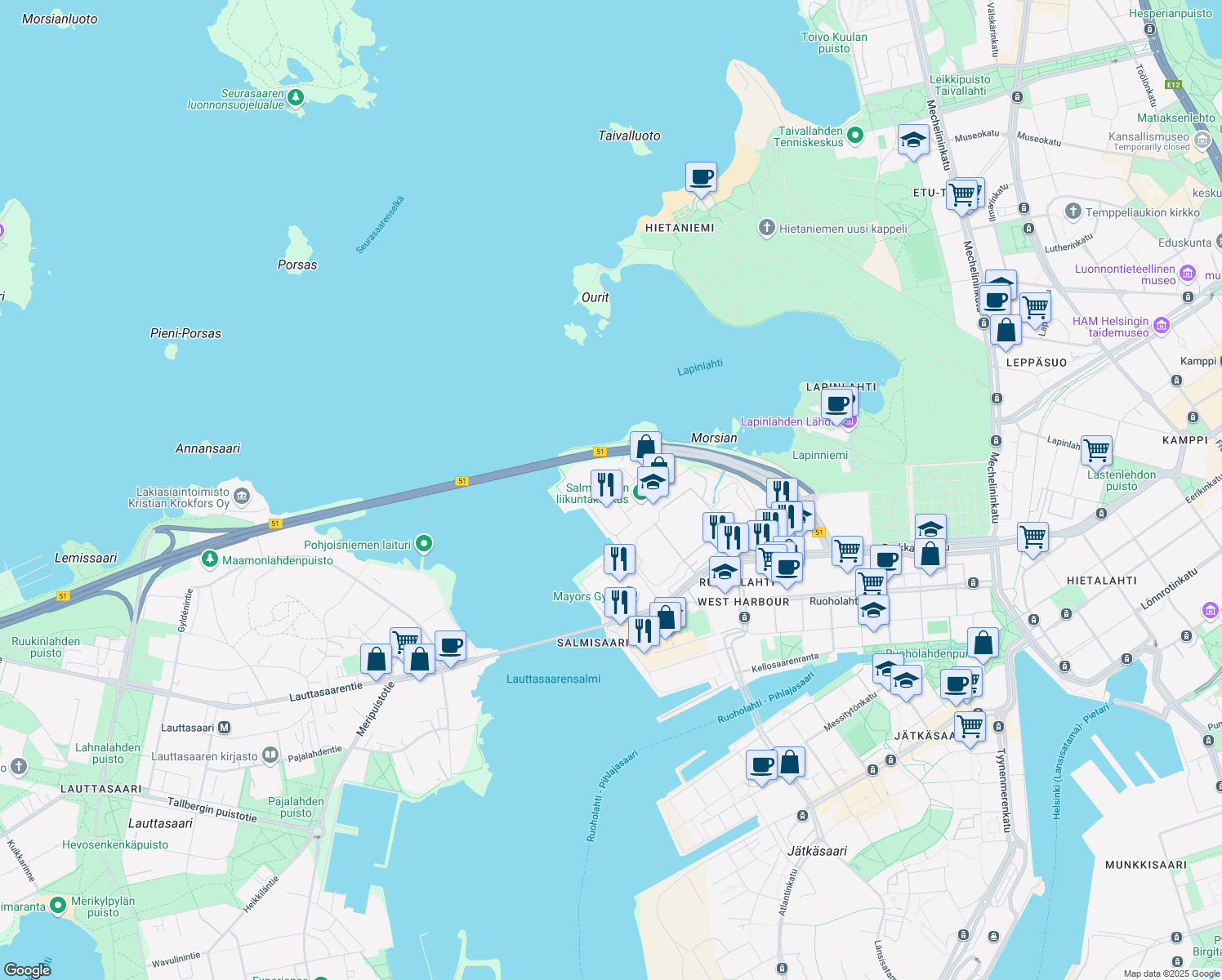 map of restaurants, bars, coffee shops, grocery stores, and more near in Helsingfors