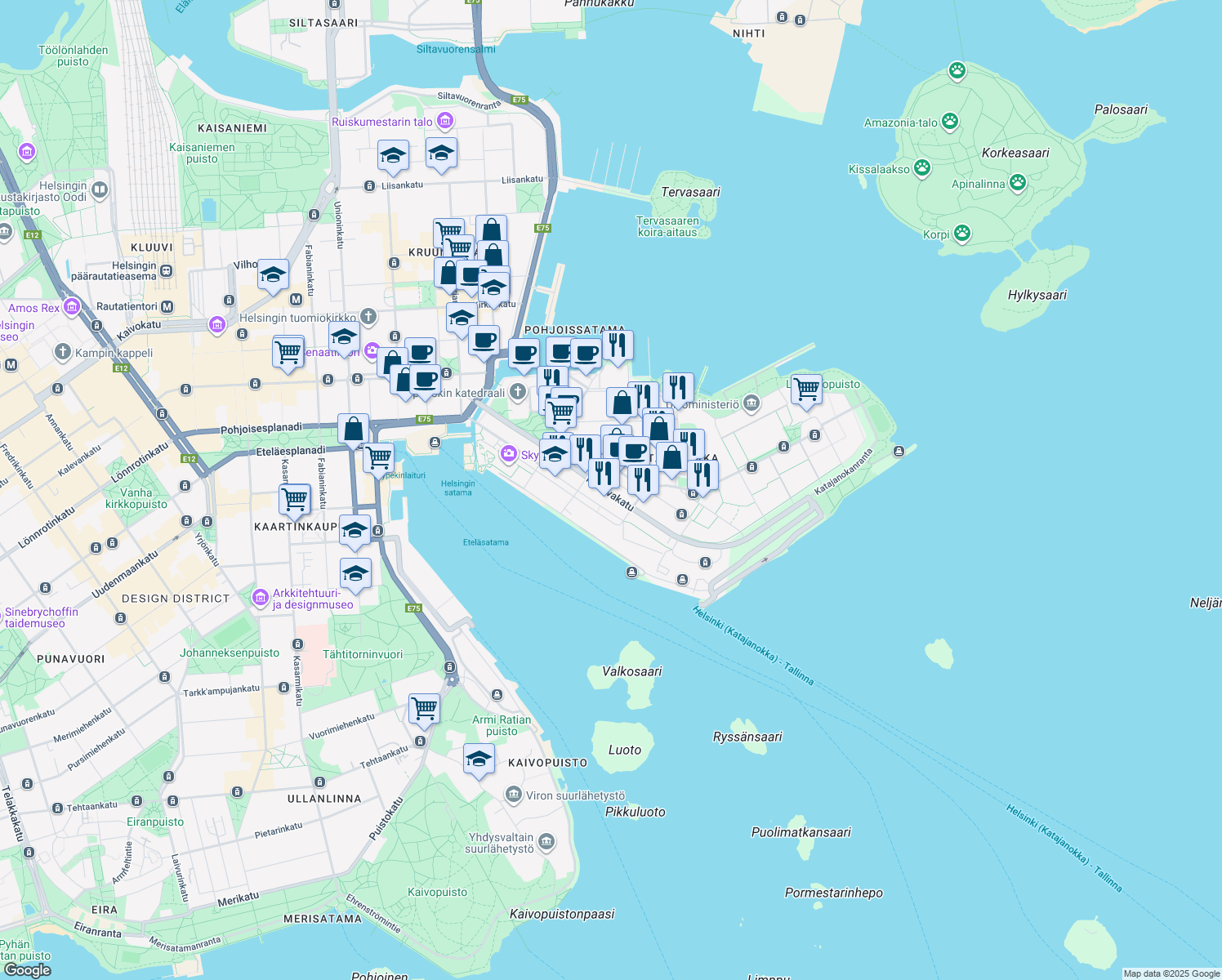 map of restaurants, bars, coffee shops, grocery stores, and more near 3 Kanavakatu in Helsinki