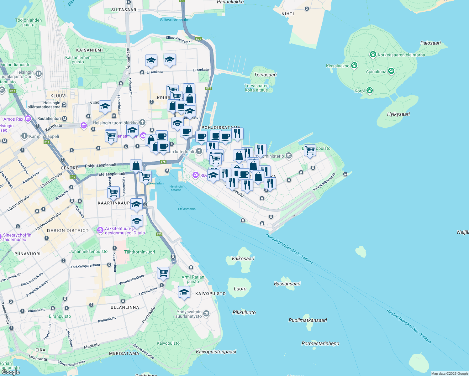 map of restaurants, bars, coffee shops, grocery stores, and more near 3 Kanavakatu in Helsinki