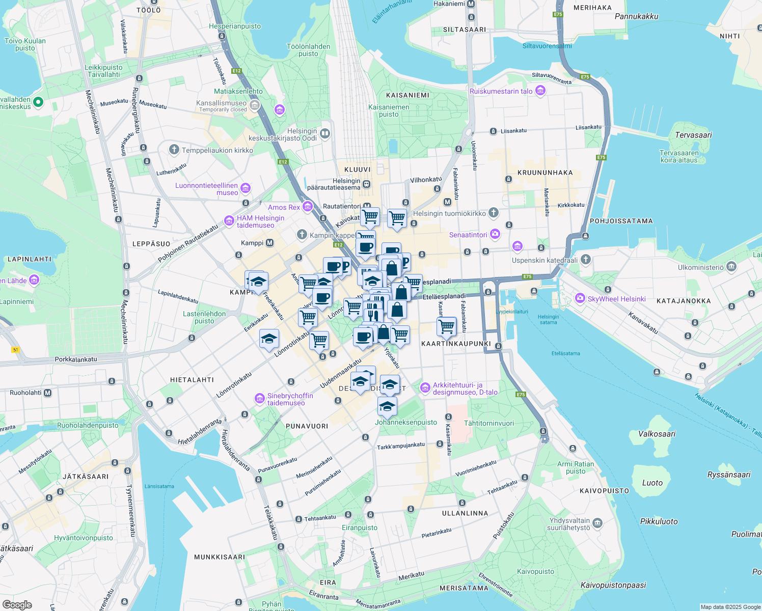 map of restaurants, bars, coffee shops, grocery stores, and more near in Helsinki