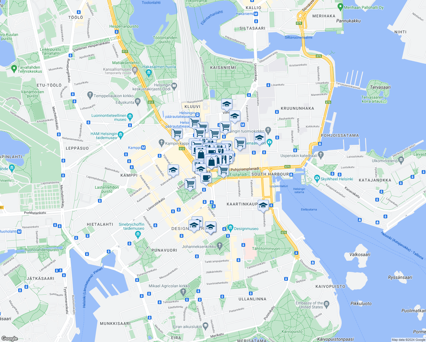 map of restaurants, bars, coffee shops, grocery stores, and more near 39 Pohjoisesplanadi in Helsinki