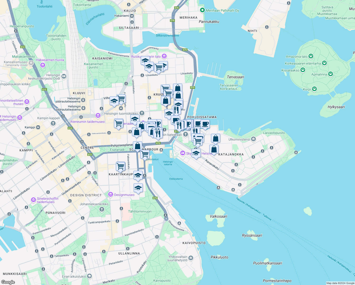 map of restaurants, bars, coffee shops, grocery stores, and more near in Helsingfors