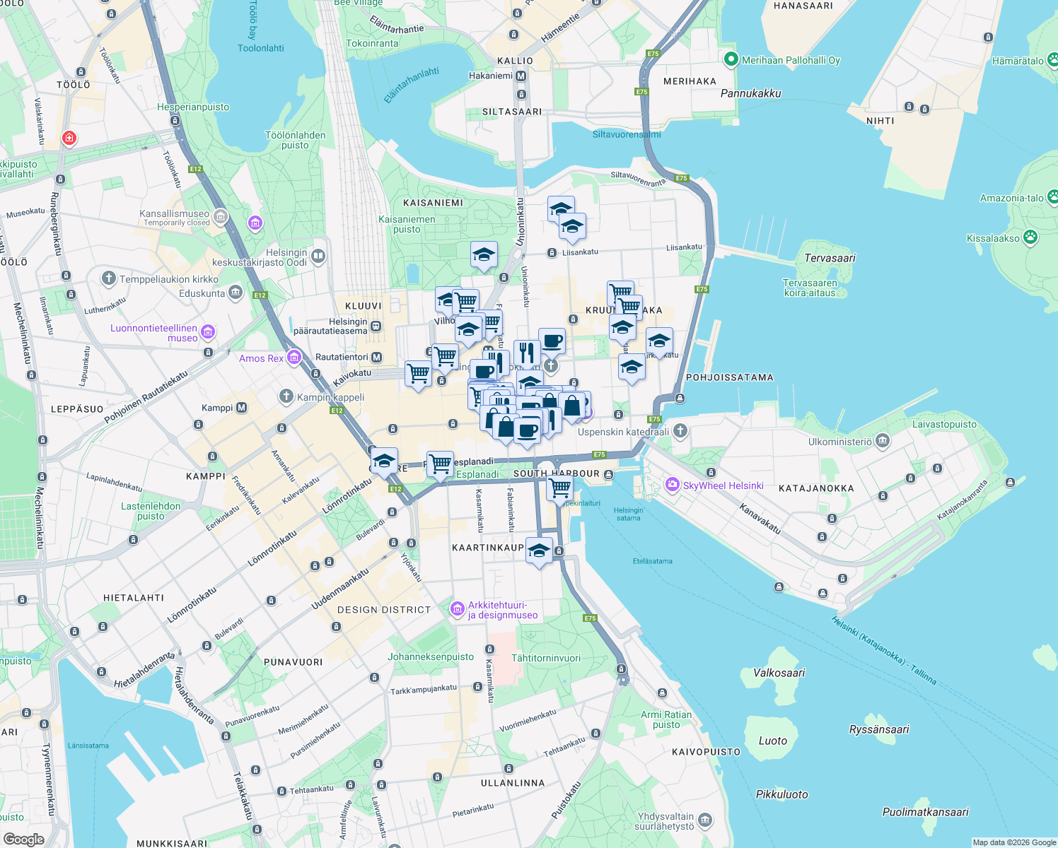 map of restaurants, bars, coffee shops, grocery stores, and more near 34 Unioninkatu in Helsinki
