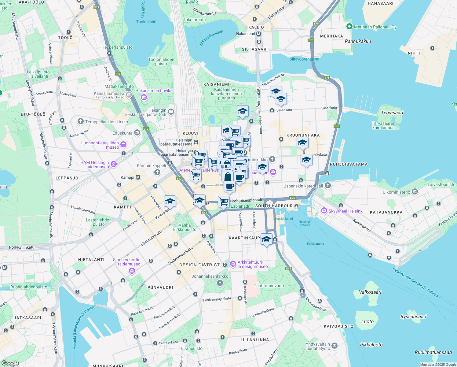 map of restaurants, bars, coffee shops, grocery stores, and more near 13 Aleksanterinkatu in Helsinki